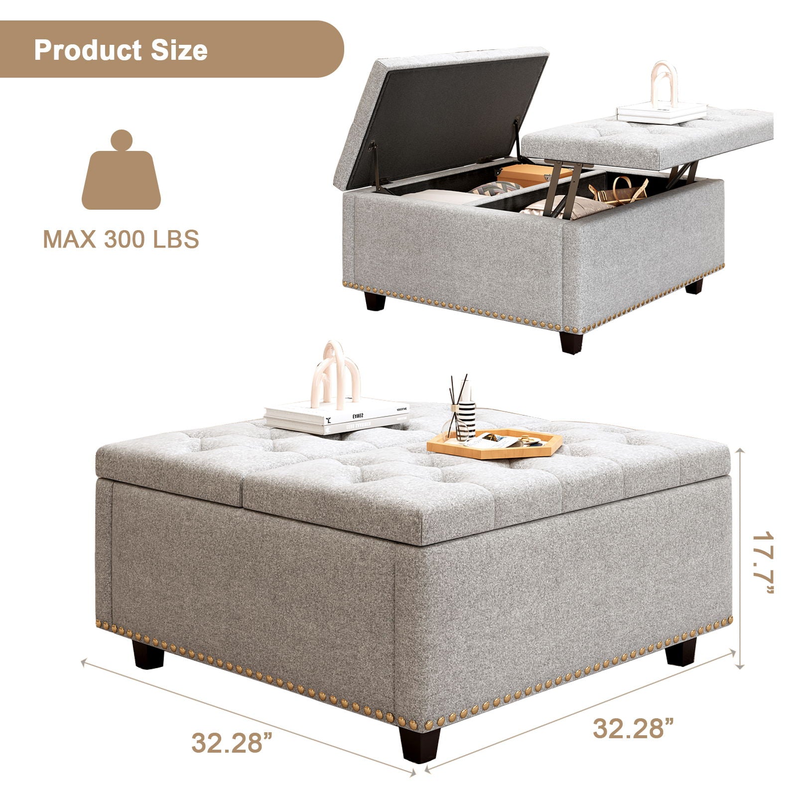 Large Square Storage Ottoman With 2 Storage Doors