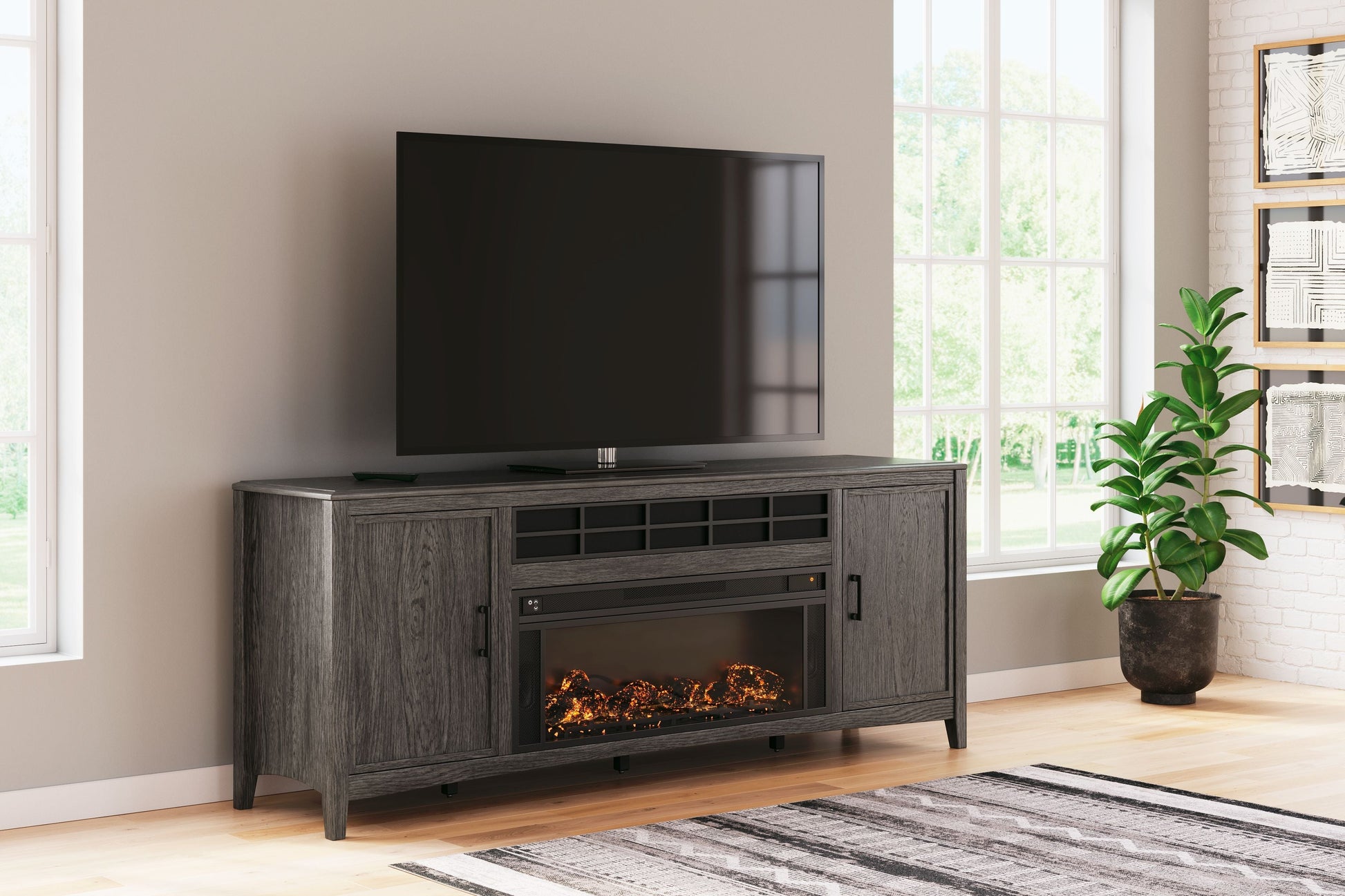 Signature Design by Ashley® Montillan - Grayish Brown - 84" TV Stand With Electric Fireplace | Meri Furniture