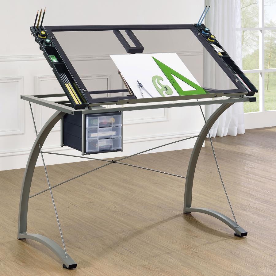 Coaster Fine Furniture Melo - Glass Top Drafting Table With Storage - Silver | Meri Furniture