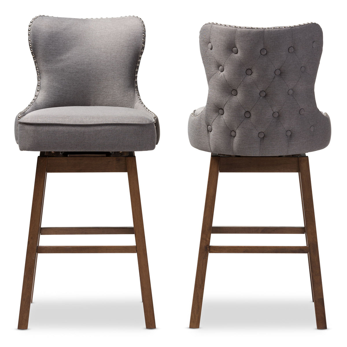 Gradisca Modern and Contemporary Brown Wood Finishing and Grey Fabric Button-Tufted Upholstered 2-Piece Swivel Barstool Set