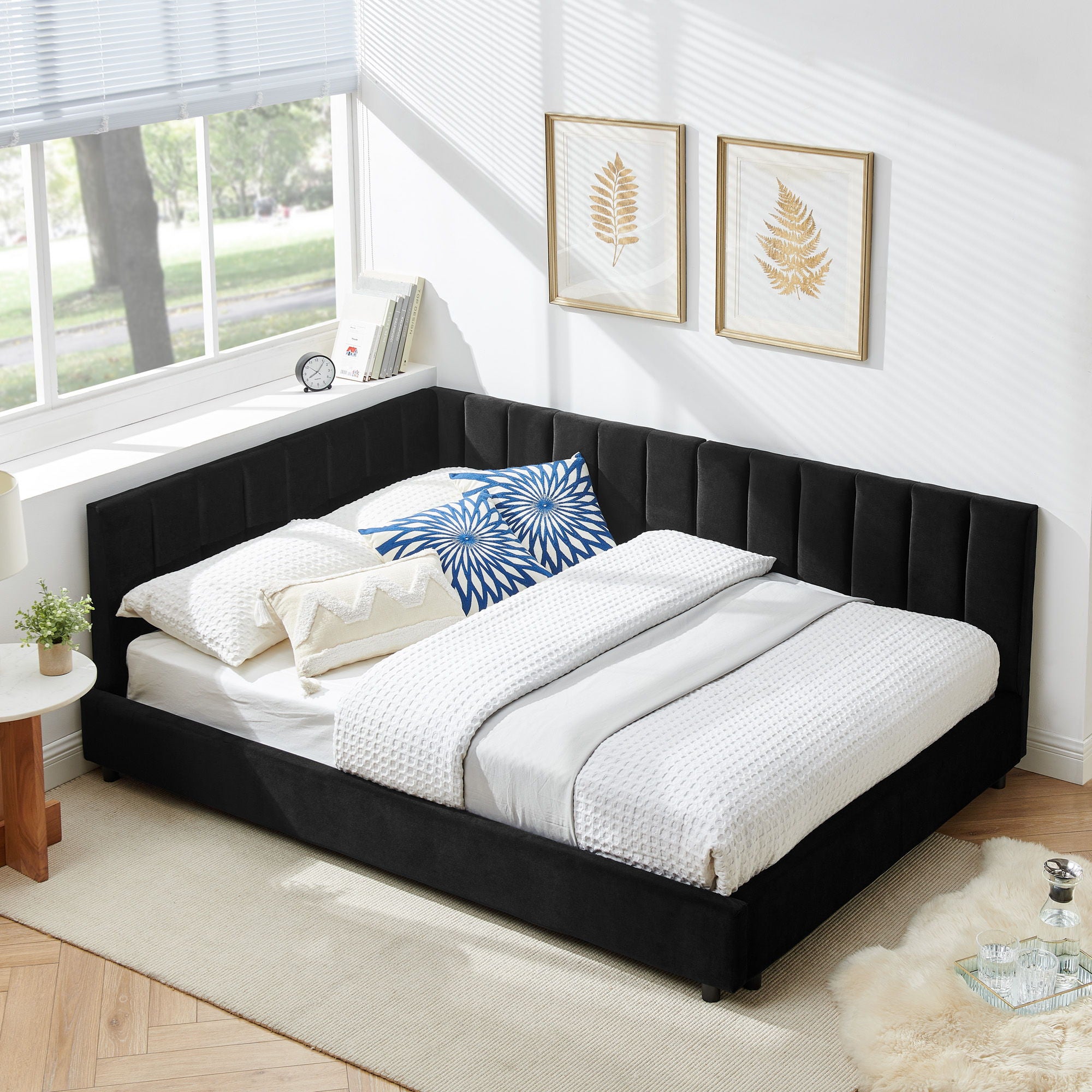 Mid-Century Upholstered Tufted Bed Frame With Backrest And Armrests