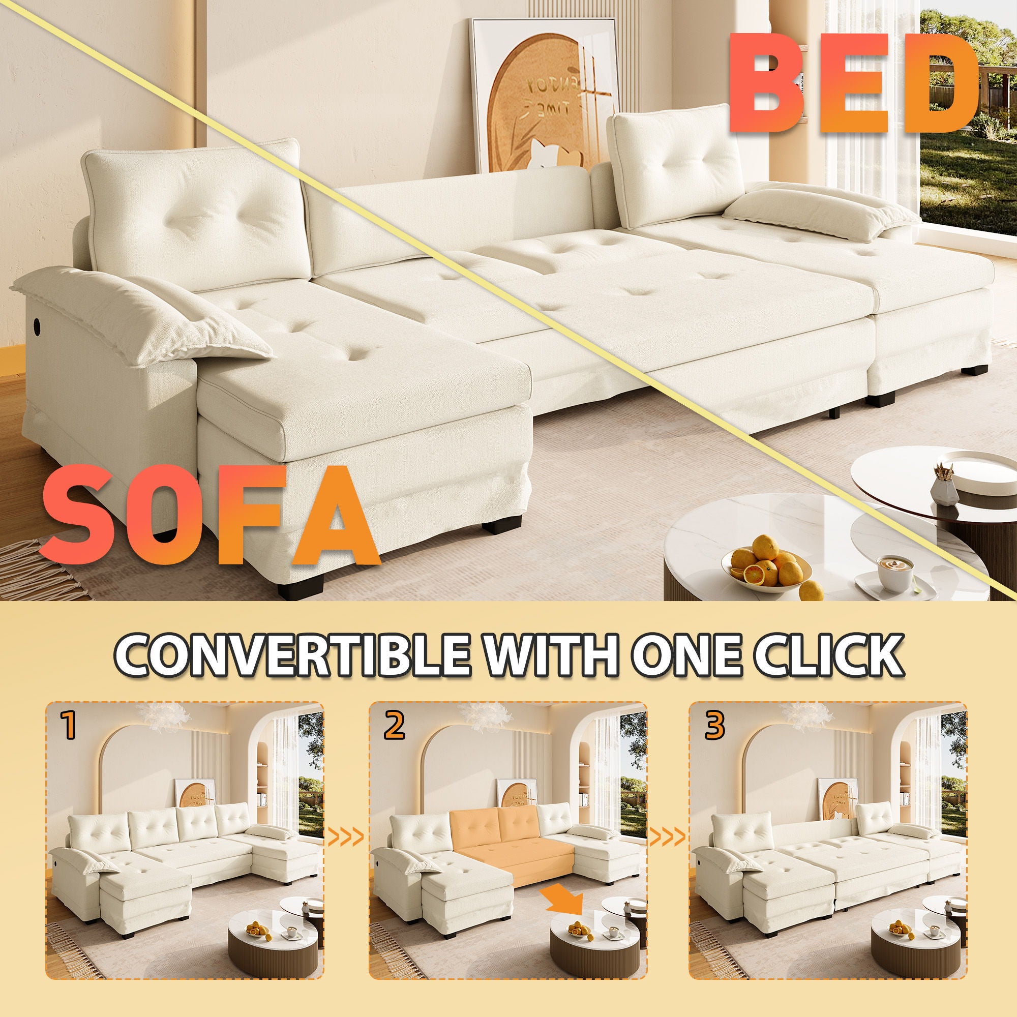 U-Shaped Sleeper Sofa With Pull Out Bed, Removable Armrests & USB Ports For Living Room