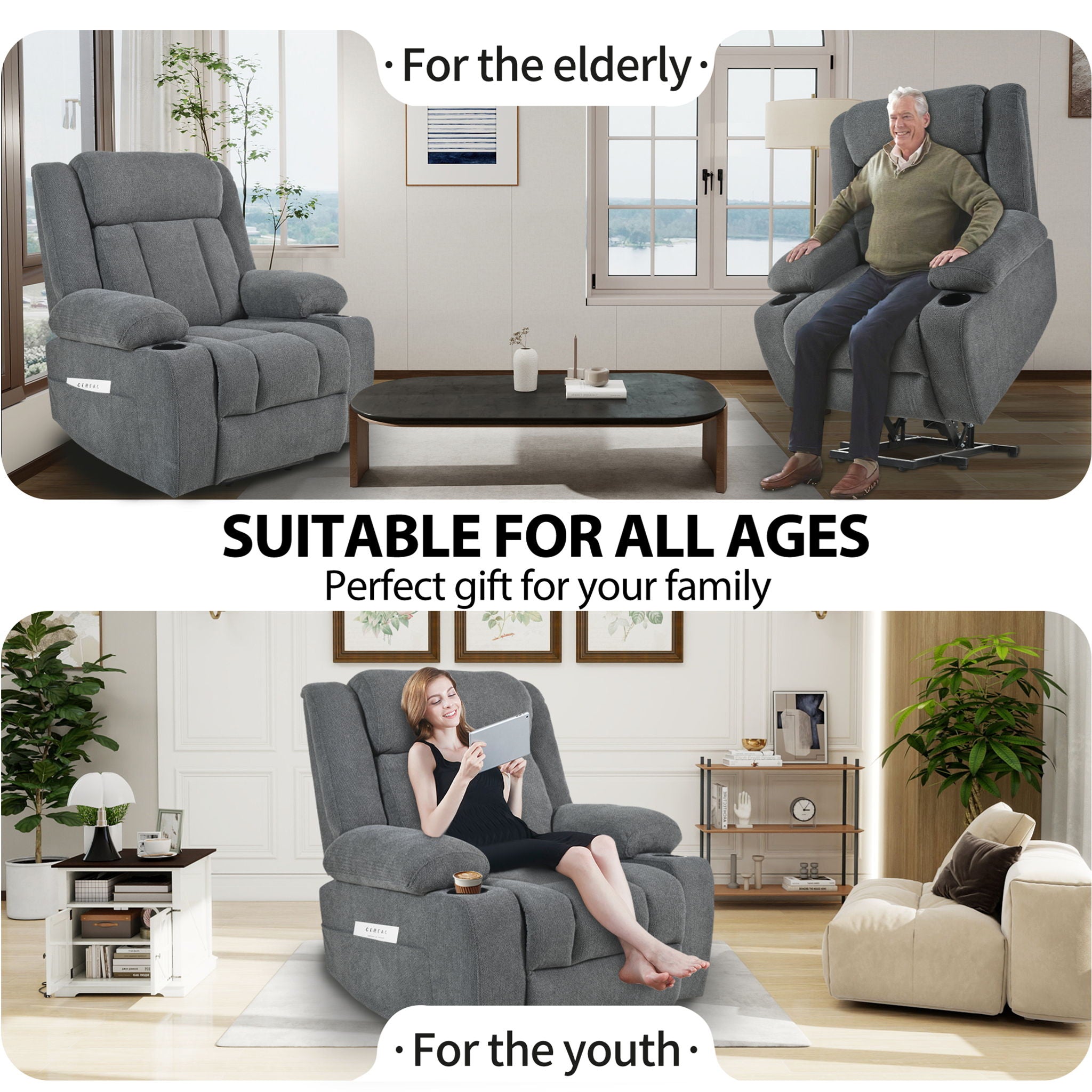 Power Lift Recliner Chair With Extended Footrest, Remote Control, Cup Holders, And Side Pockets