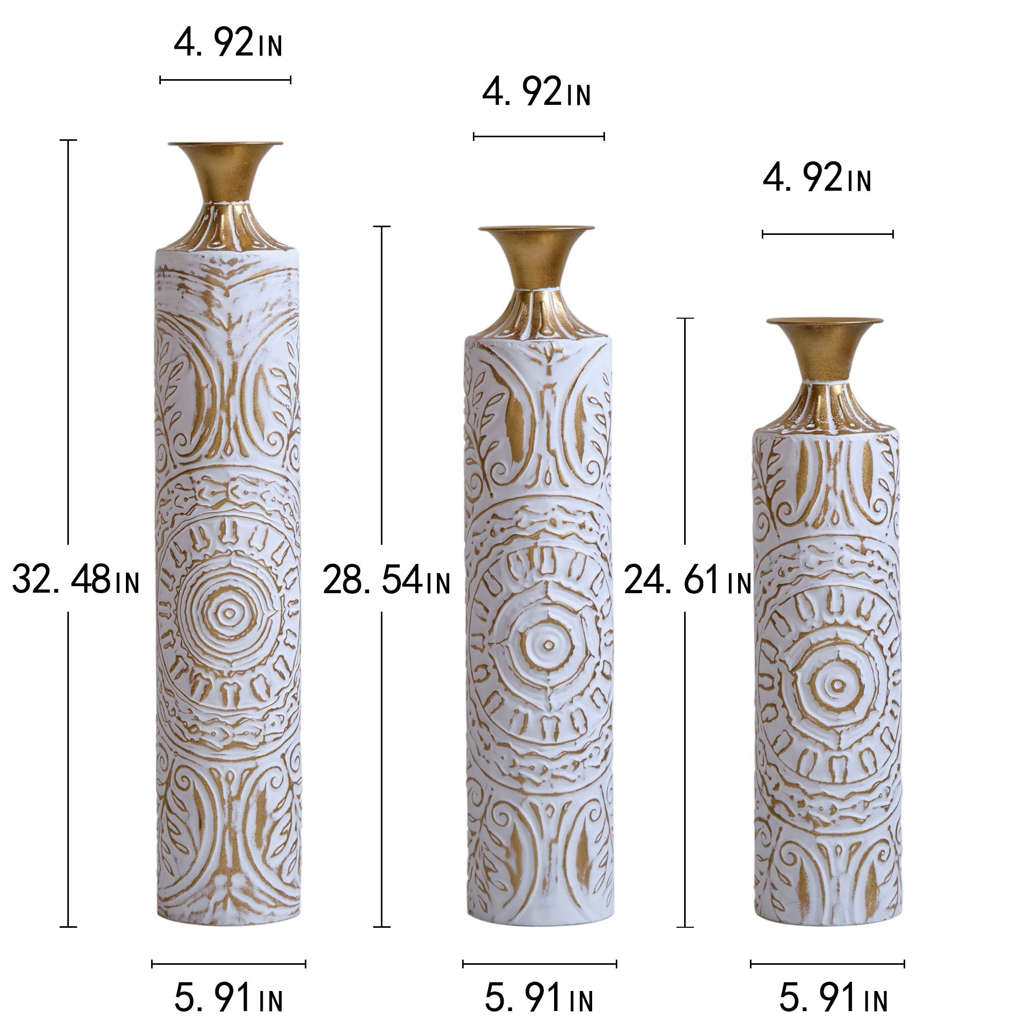 Floor Metal Vases Decorated Metal Vases (Set of 3) Gorgeous Home Decoration Large Glazed Metal Vases - White / Gold