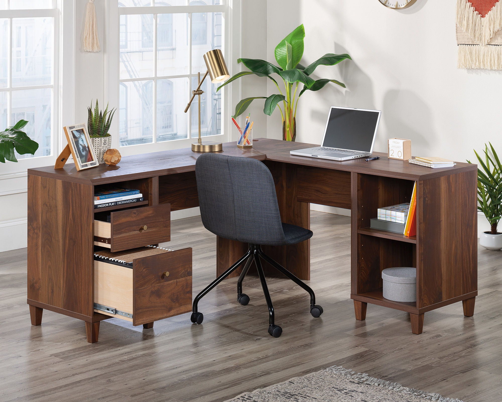 L-Shaped Home Office Desk in Grand Walnut