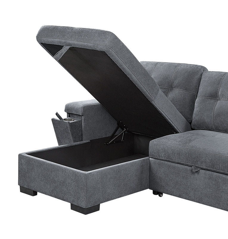 Toby 95"W Gray Woven Fabric Reversible Sleeper Sectional Sofa with Storage Chaise Cup Holder Charging Ports and Pockets