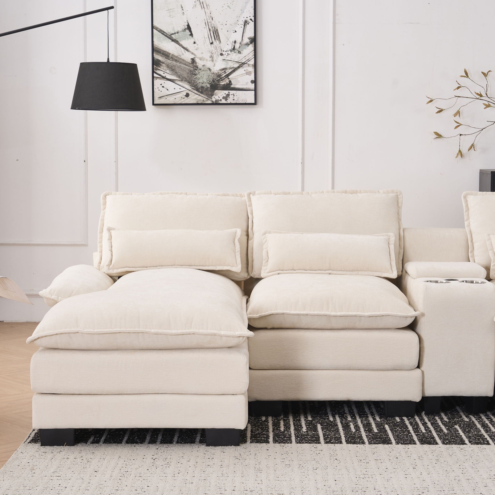 U Shaped Sofa With Console, Cupholders, USB Ports, 6 Seat, Bronzing Suede & Chenille