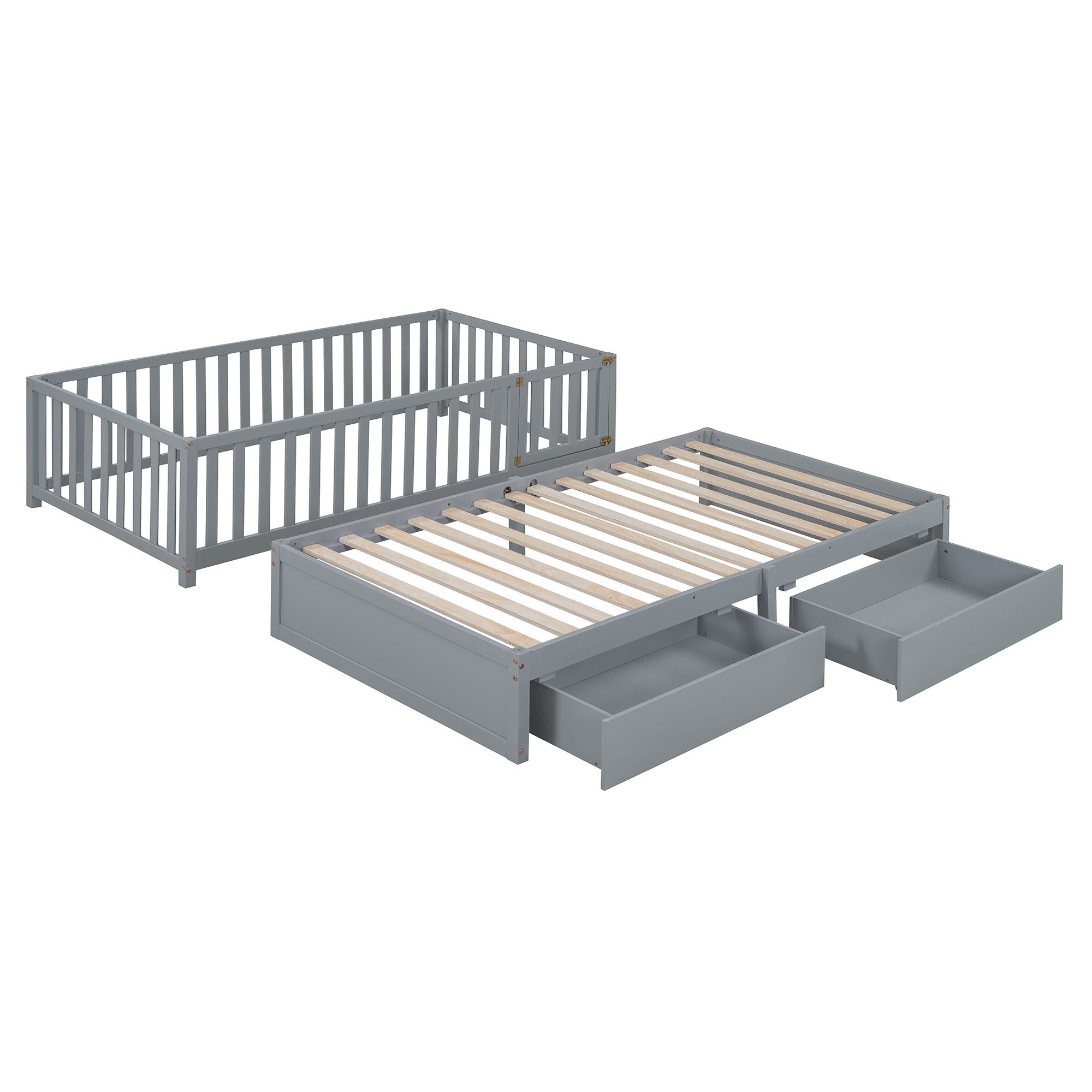 Daybed With Fence Guardrails And 2 Drawers, Split Into Independent Floor Bed & Daybed