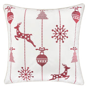 Christmas Throw Pillow With Embroidered Reindeer And Snowflakes - White