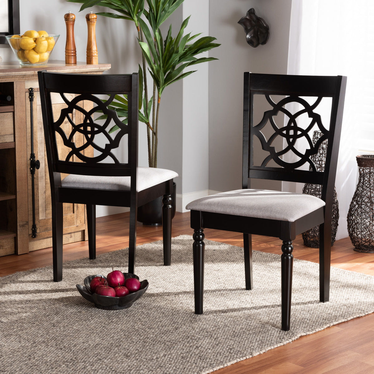 Renaud Modern and Contemporary Grey Fabric Upholstered and Dark Brown Finished Wood 2-Piece Dining Chair Set