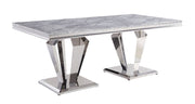 Satinka - Dining Table - Light Gray Printed Faux Marble Top & Mirrored Silver