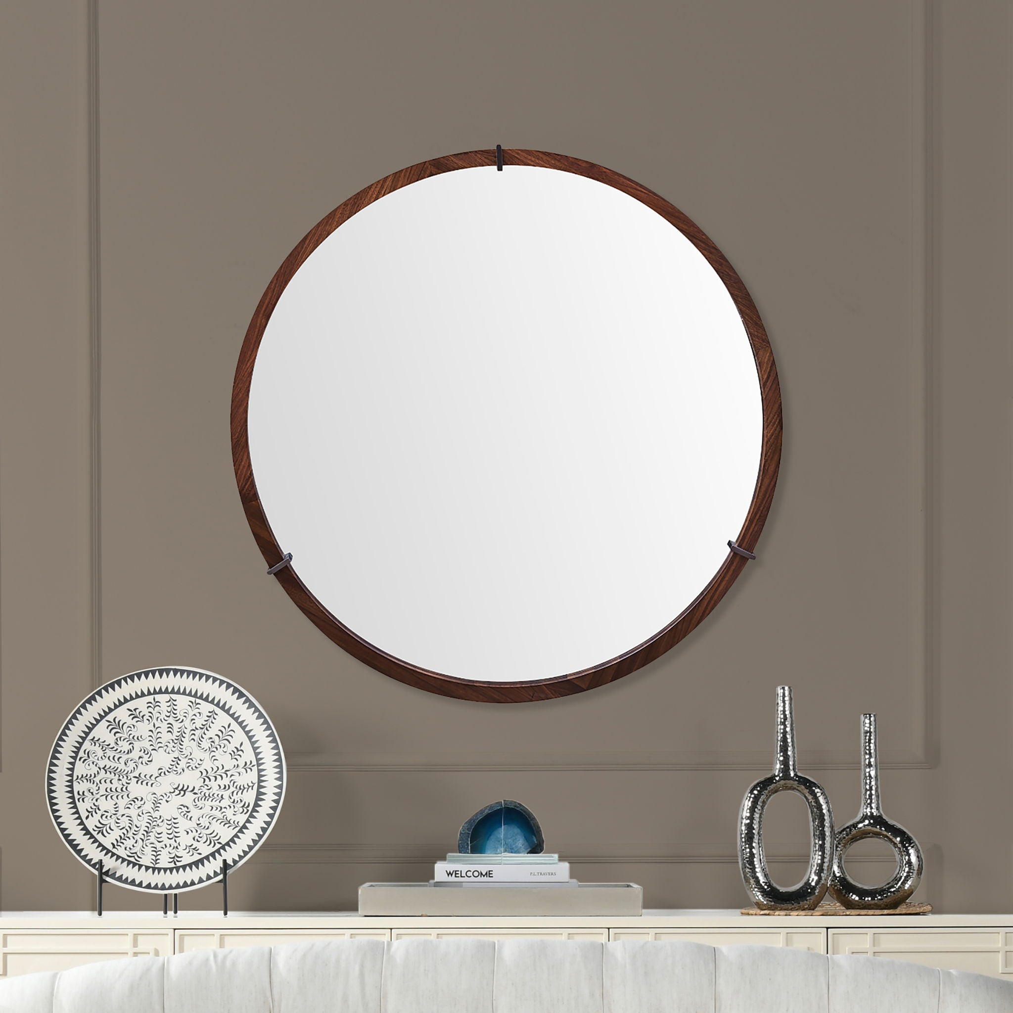 Hausen - Mid-Century Modern Round Accent Wall Mirror - Brown Walnut