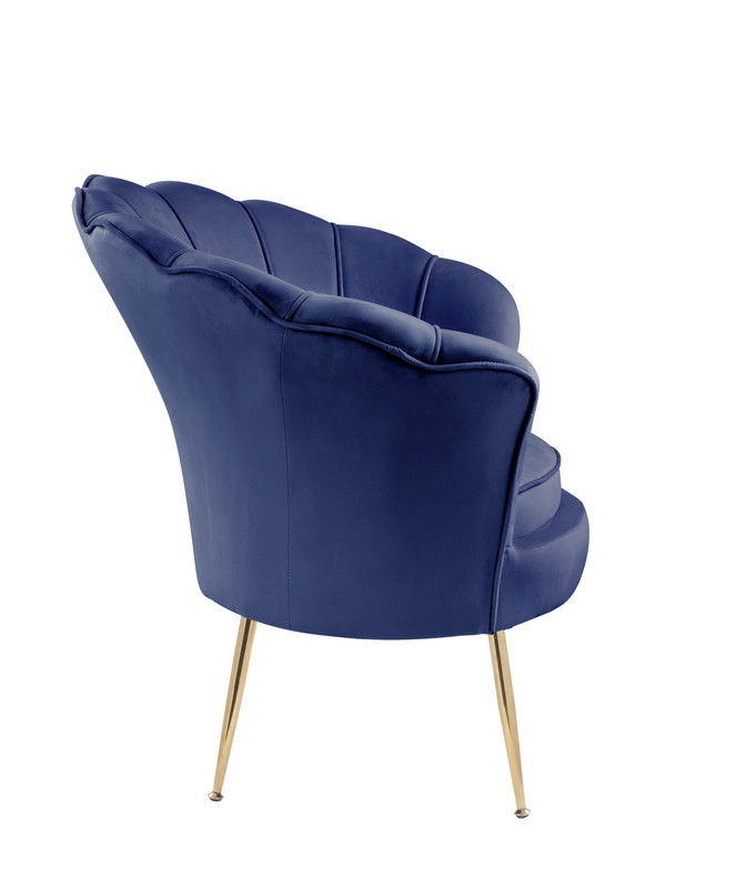 Angelina 34"W Blue Velvet Scalloped Back Barrel Accent Chair with Metal Legs