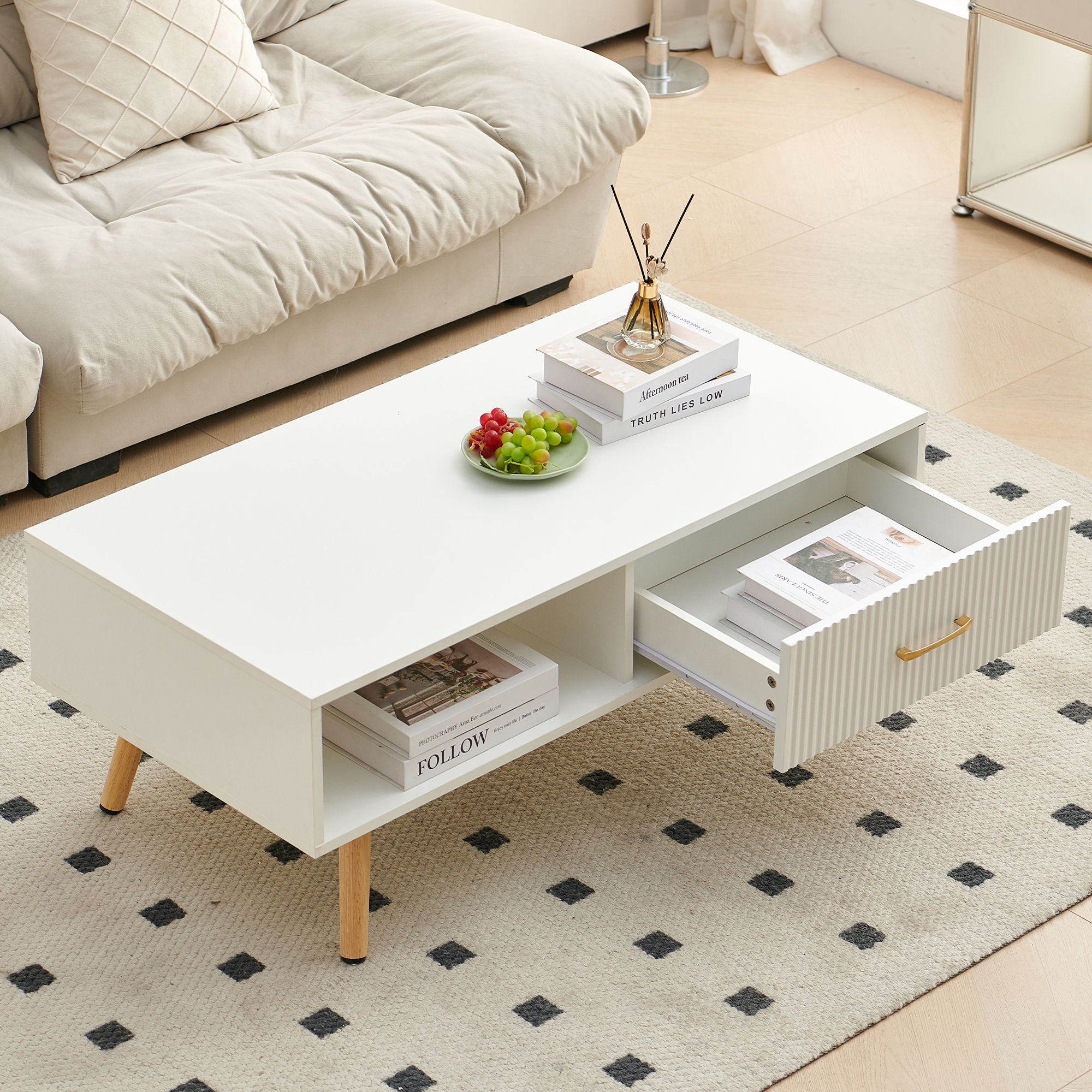 Modern Rectangle Coffee Table With Legs, Sliding Drawer For Storage - White