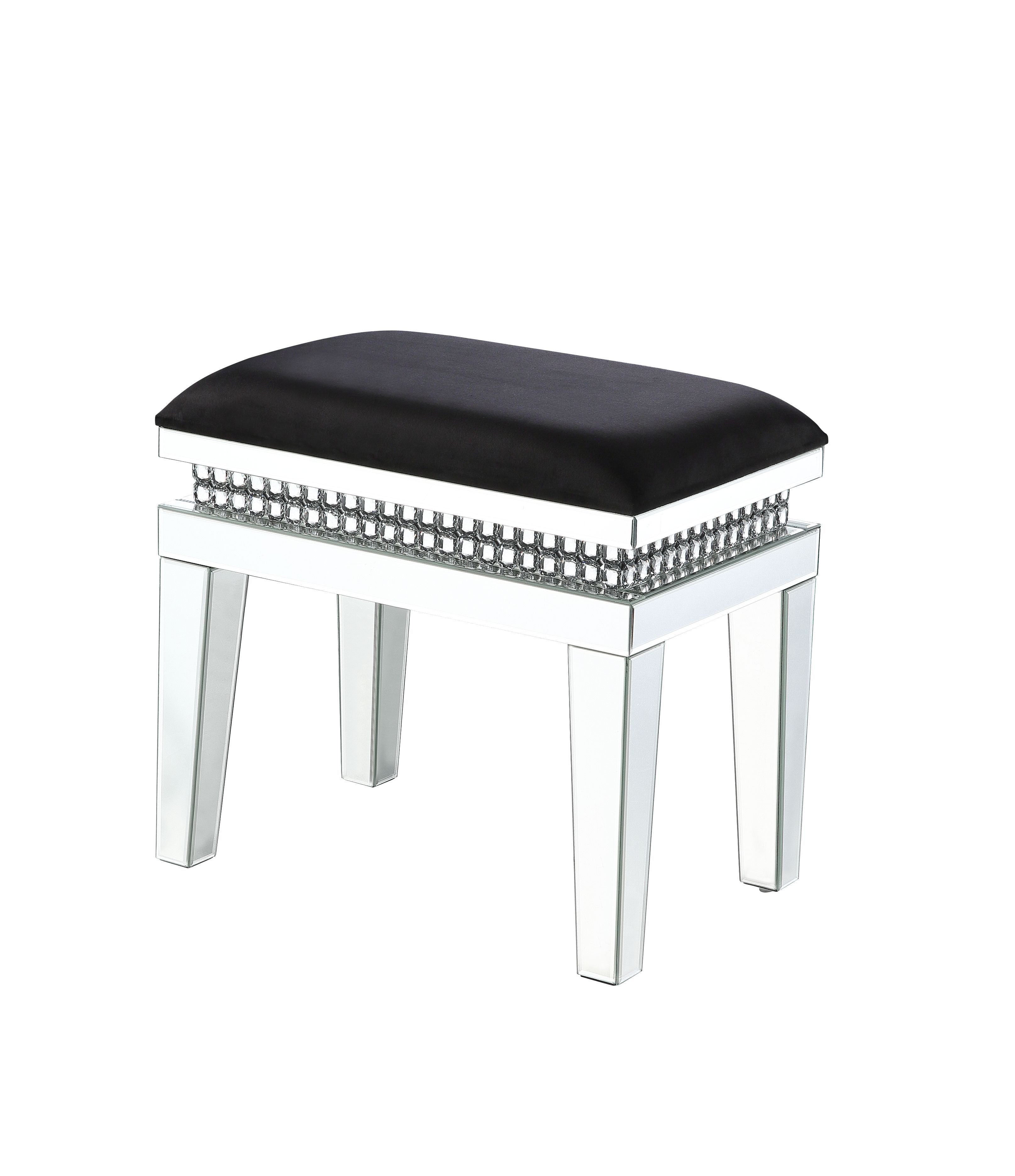 ACME Lotus - Vanity Stool - Black Fabric, Mirrored & Faux Crystals | Meri Furniture
