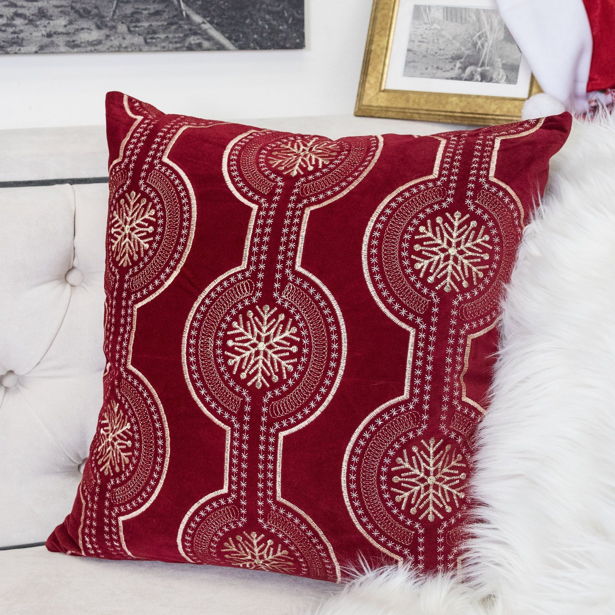 Holiday Throw Pillow With Snowflake Embroidery