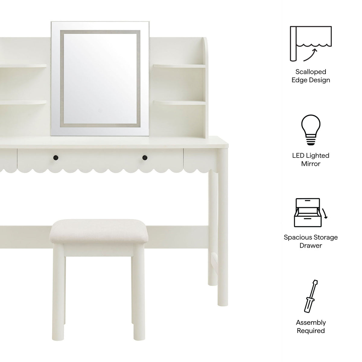 Emmeline Scalloped Makeup Vanity Desk With LED Mirror and Stool by Modway