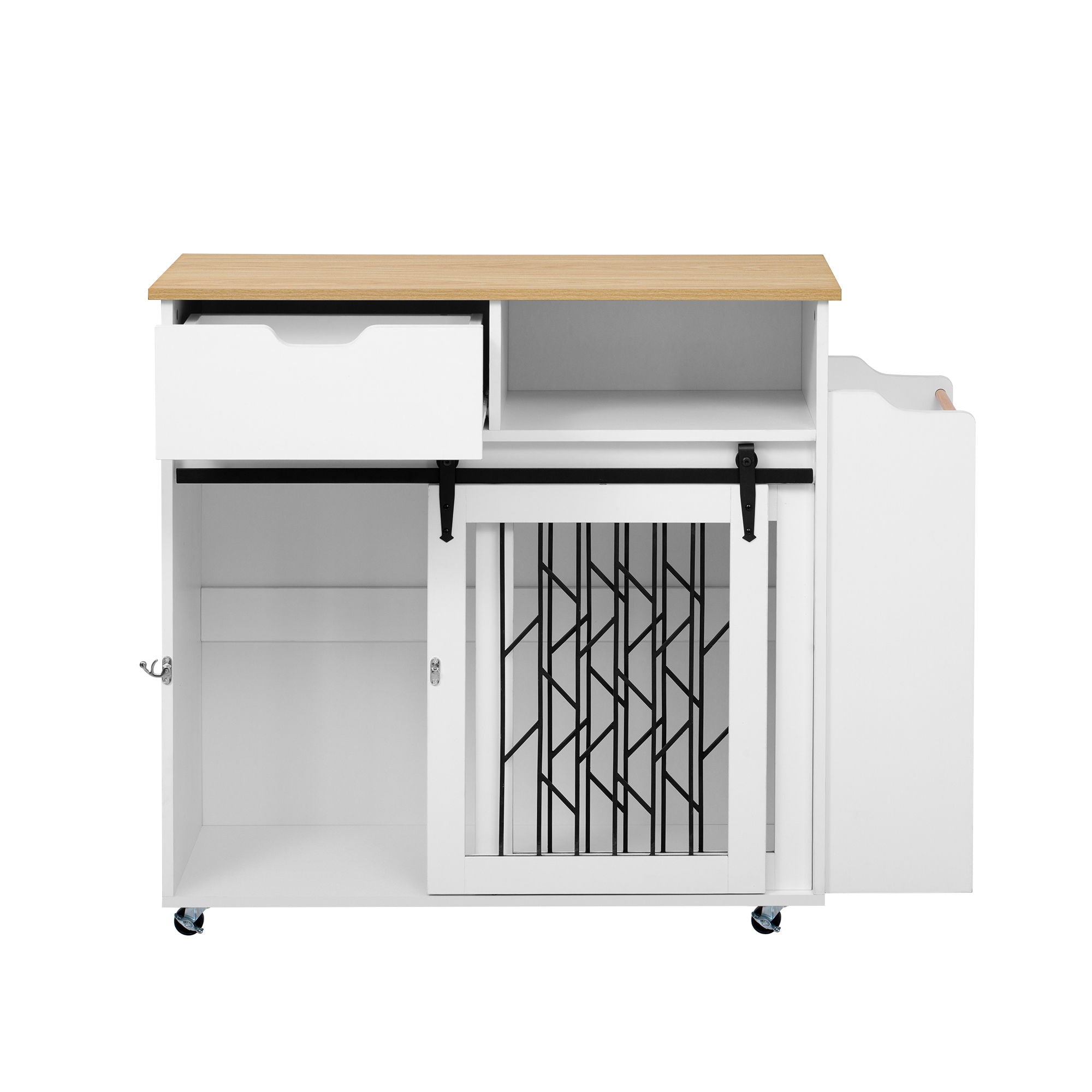 Modern Style 2 In 1 Pet Friendly Dog Crate Kitchen Island End Table Metal Pine - Natural / White