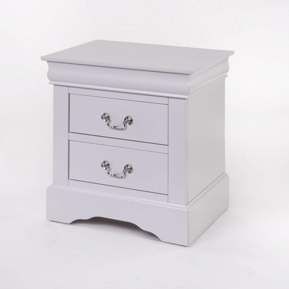 ACME It has two drawers with center metal glide and brushed nickel metal handle. Offers you plentiful storage with spacious drawers | Meri Furniture
