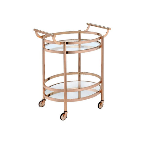 Show off your personality with the Lakelyn serving cart. The clear tempered glass top and mirror bottom are the ideal place for placing your dishes and dining accessories. Roll it where need be on its softer rubber wheels and prepare to entertain.