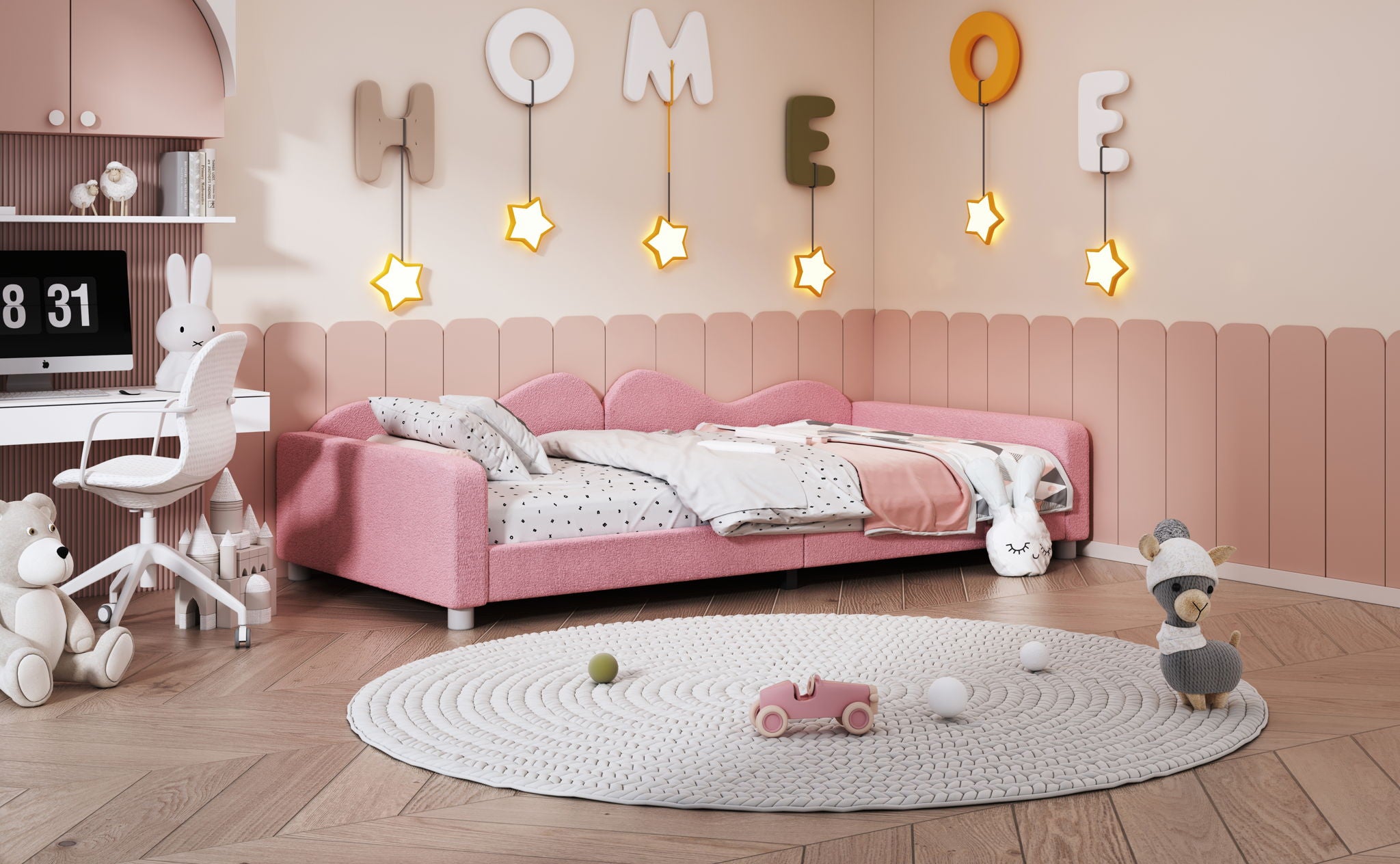 Upholstered Daybed, Sherpa Fabric Sofabed With Cloud-Shaped Backrest