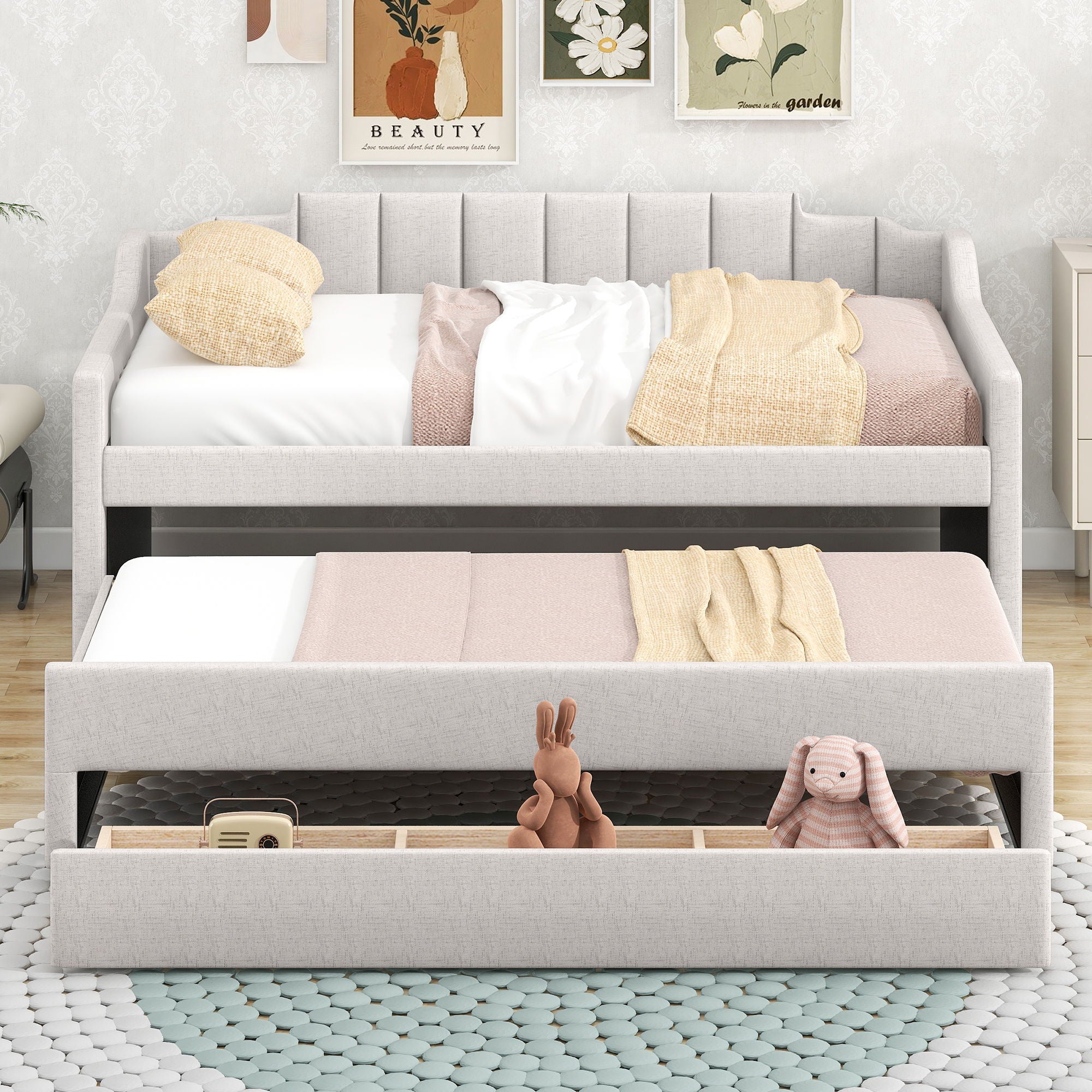 Upholstered Simple Design Daybed With Trundle And 3 Drawers