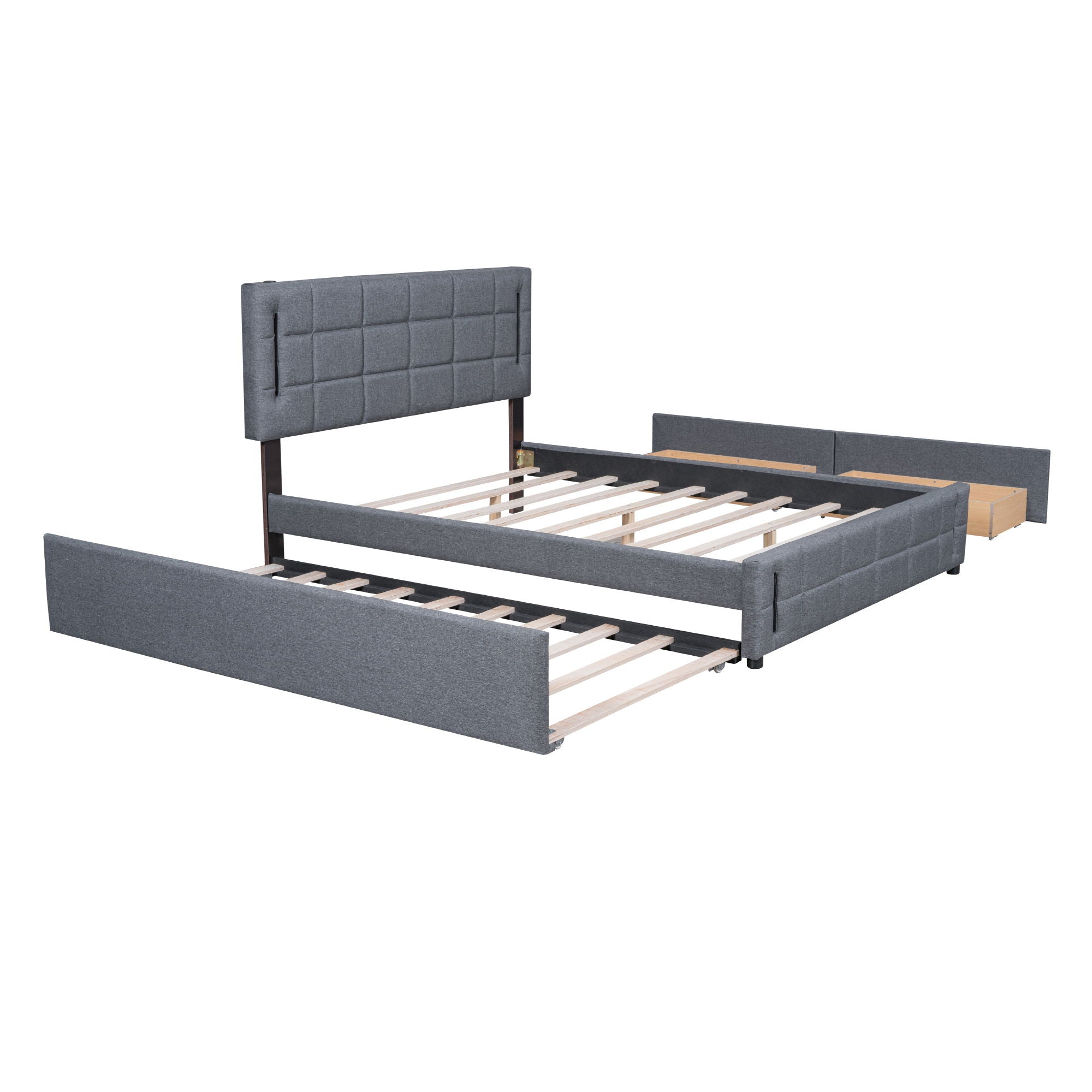 Upholstered Platform Bed With Trundle & Drawers