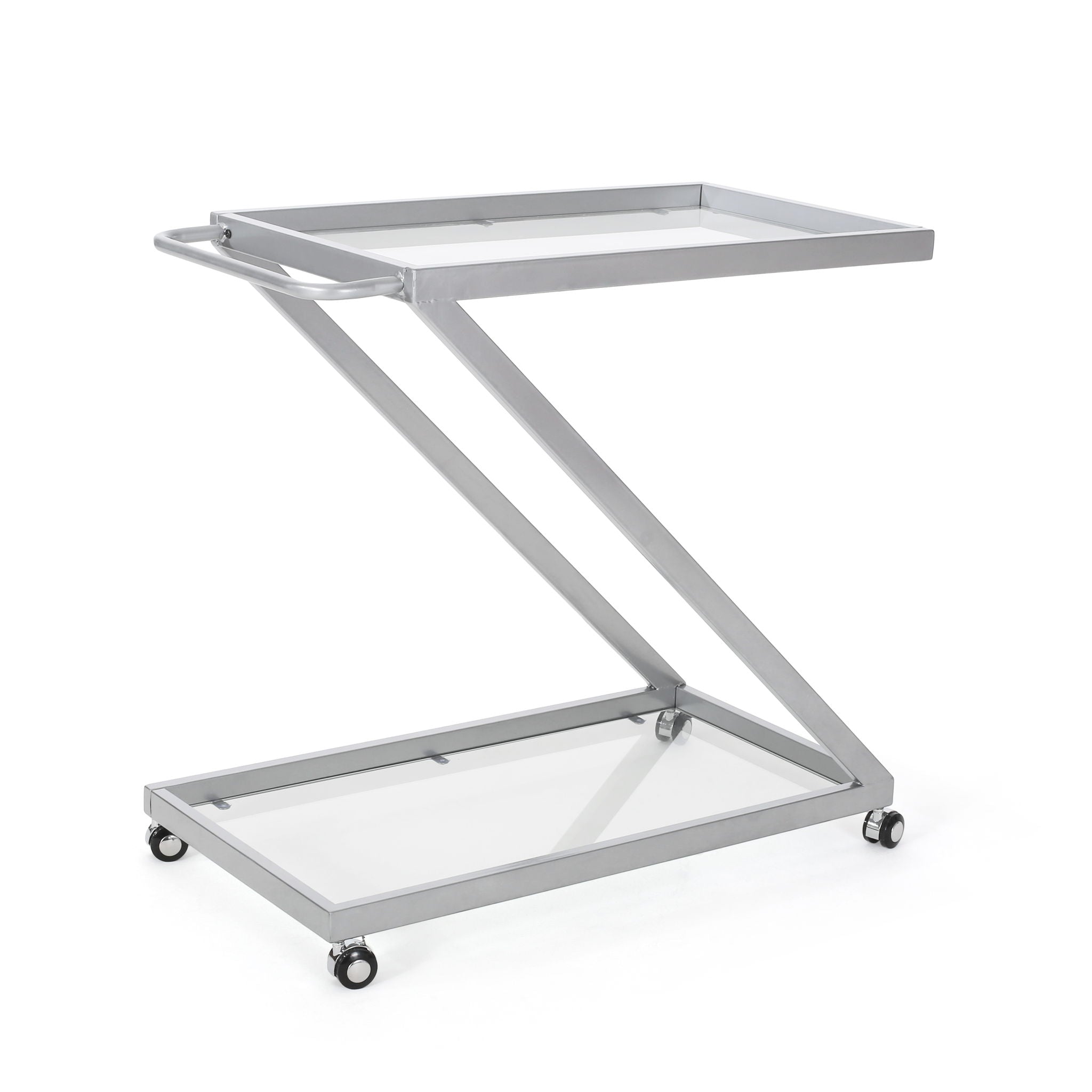 Modern Z Shaped Bar Cart With Tempered Glass Shelves - Silver