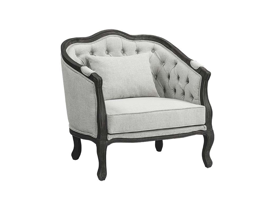 ACME With a nod to vintage French design, the Samael is a modern interpretation of a camel-back sofa is distinguished by its exposed, and beautifully carved, wooden frame that wraps you in comfort. | Meri Furniture