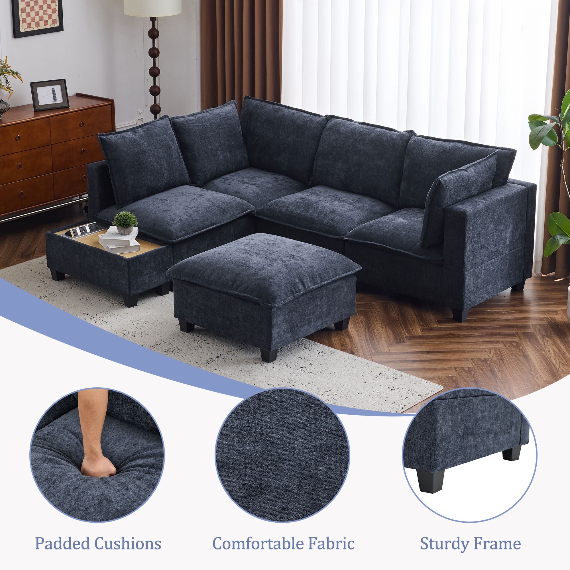 U-Shaped Sectional Modular Sofa With A Movable Ottoman, A Coffee Table With Hidden Charging Devices For Living Room