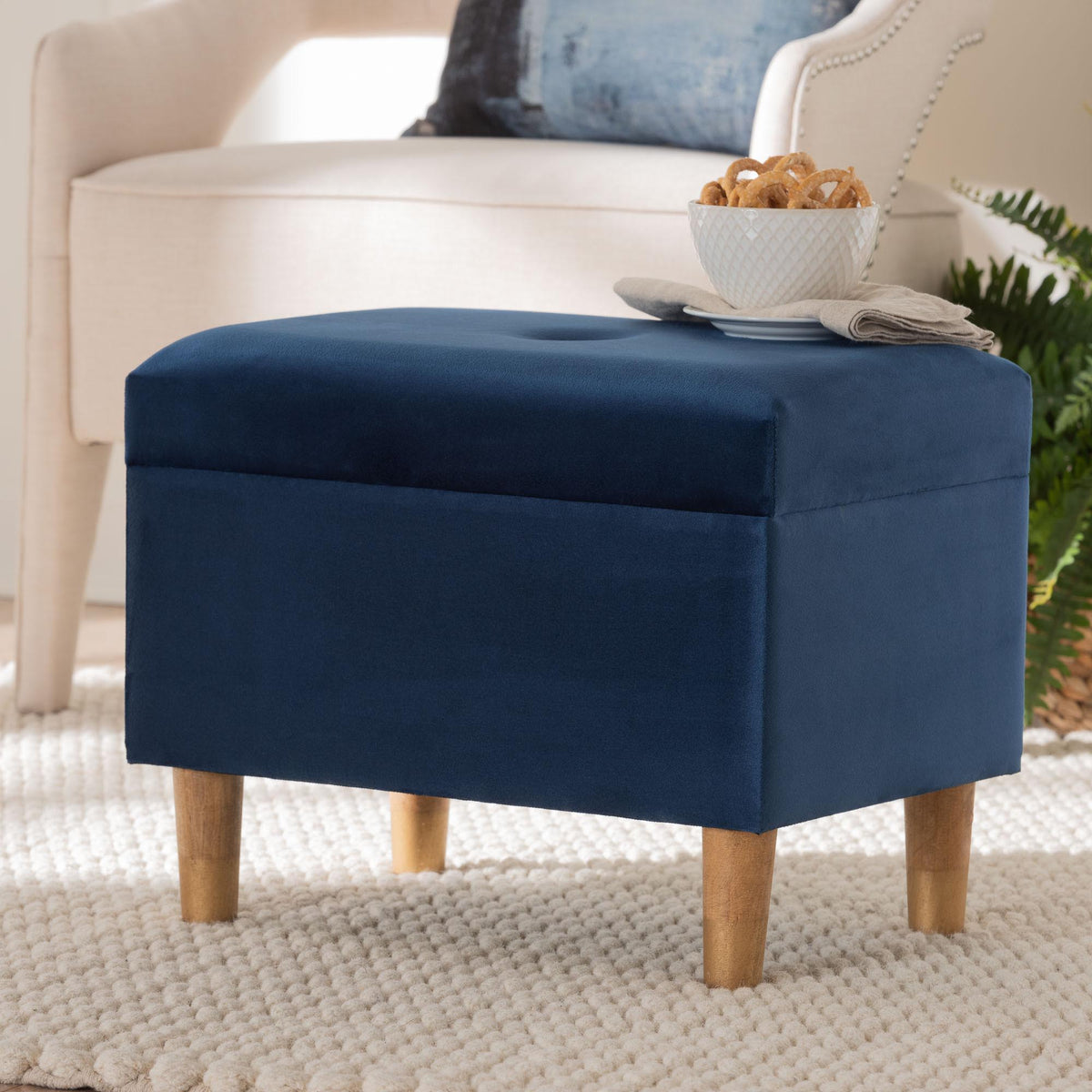 Elias Modern Navy Blue Velvet Fabric Storage Ottoman