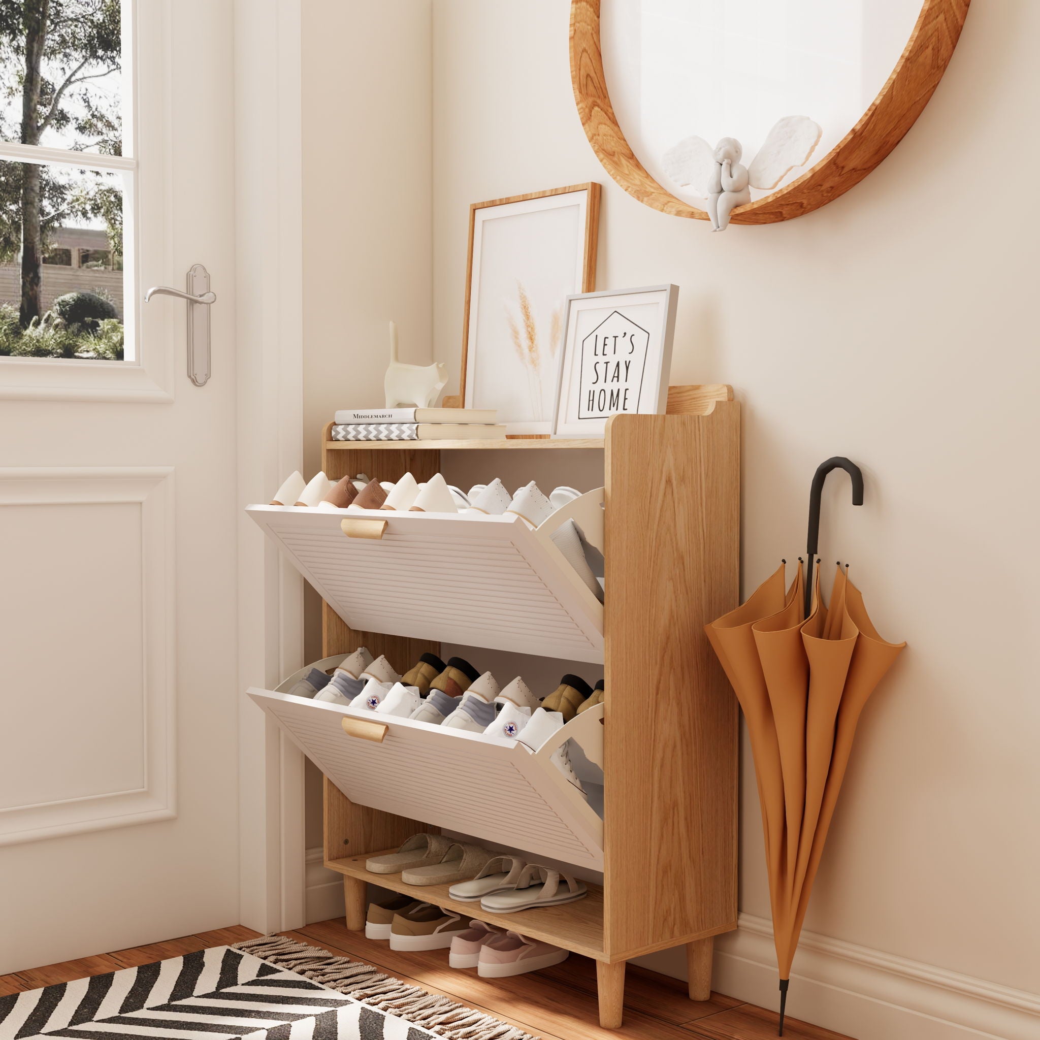 Shoe Storage Cabinet With 2 Flip Drawers, Compact Entryway Organizer - Natural / White