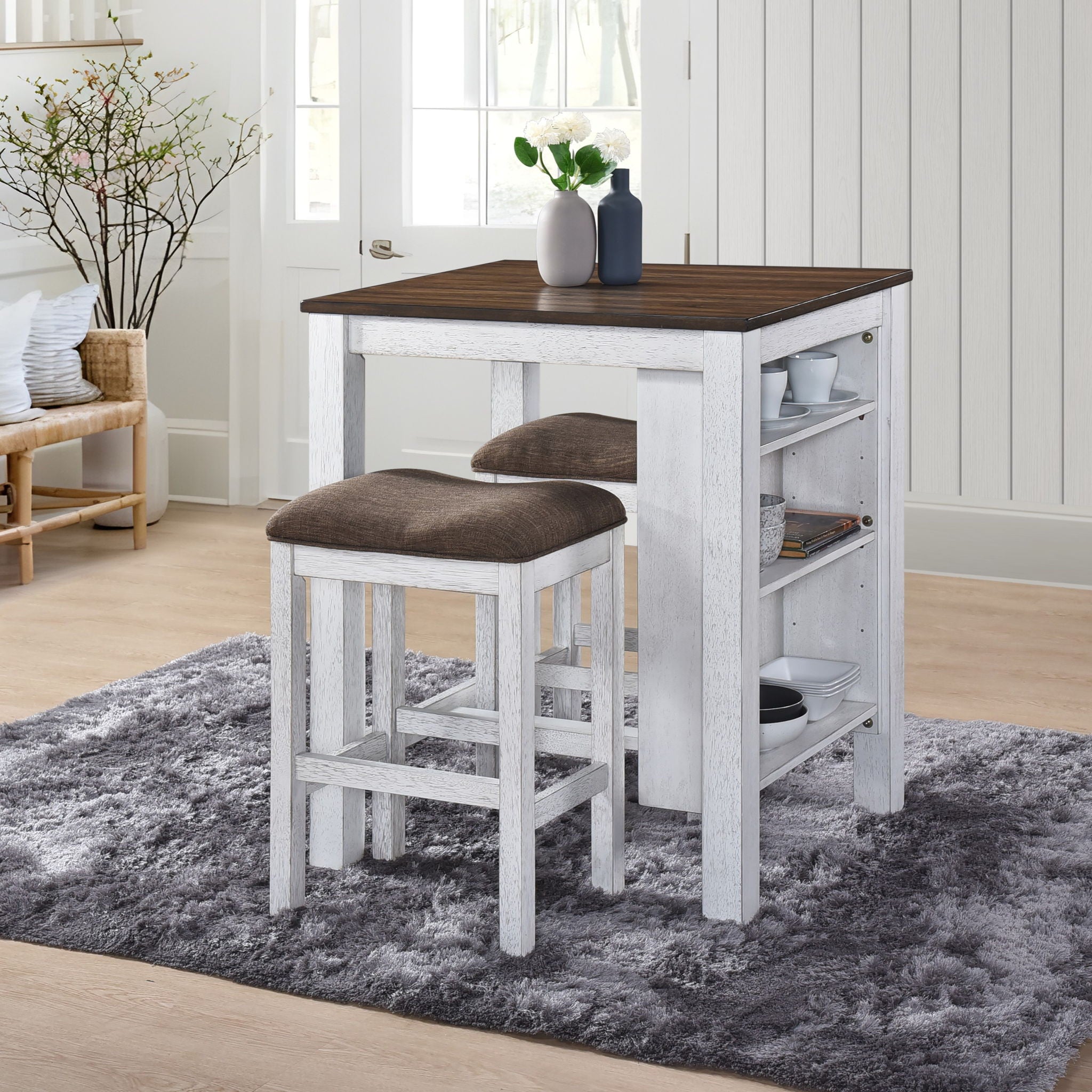 3 Pieces Counter Set Storage Space For Small Space Modern Farmhouse Design Retro Design Easy To Assembly - Antique Dark Oak / Antique White