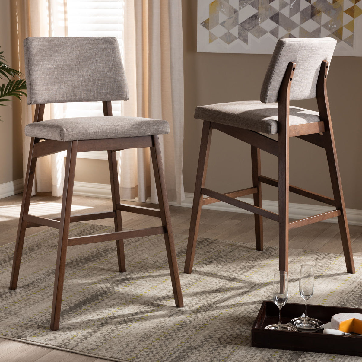 Colton Mid-Century Modern Light Gray Fabric Upholstered and Walnut-Finished Wood Bar Stool Set of 2
