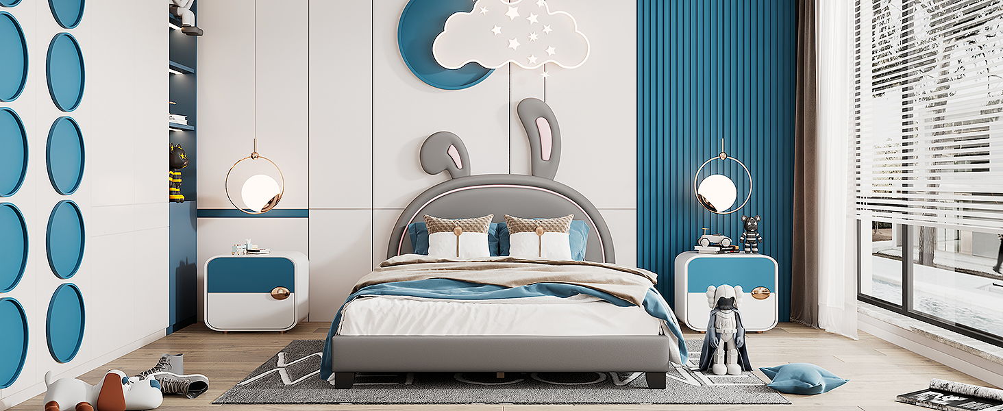 Upholstered Leather Platform Bed With Rabbit Ornament