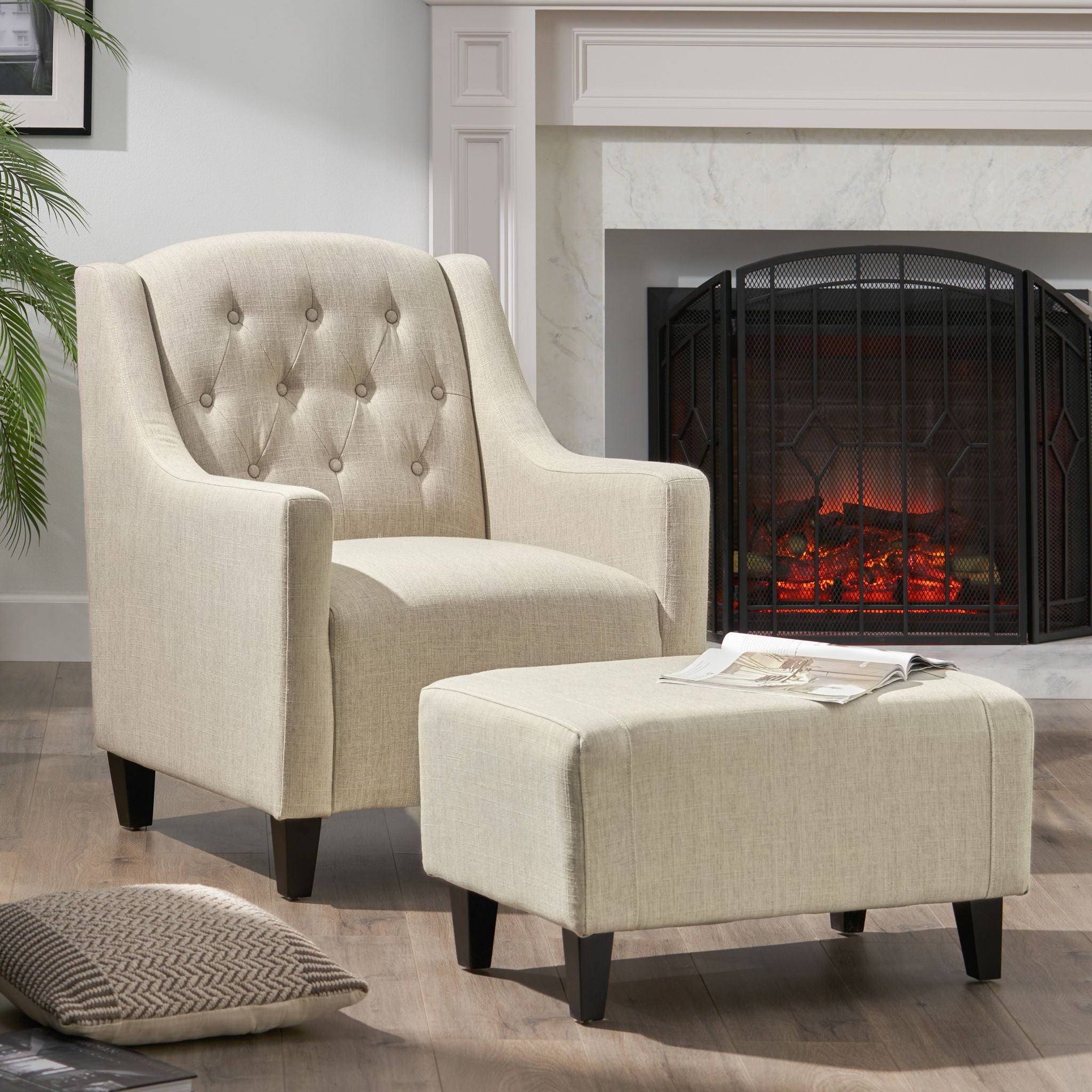 Elegant Upholstered Armchair With Ottoman Set - Beige