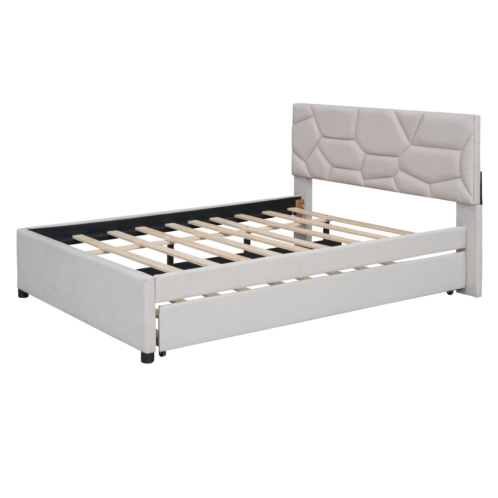 Upholstered Platform Bed With Brick Pattern Headboard And Twin Long Size Trundle