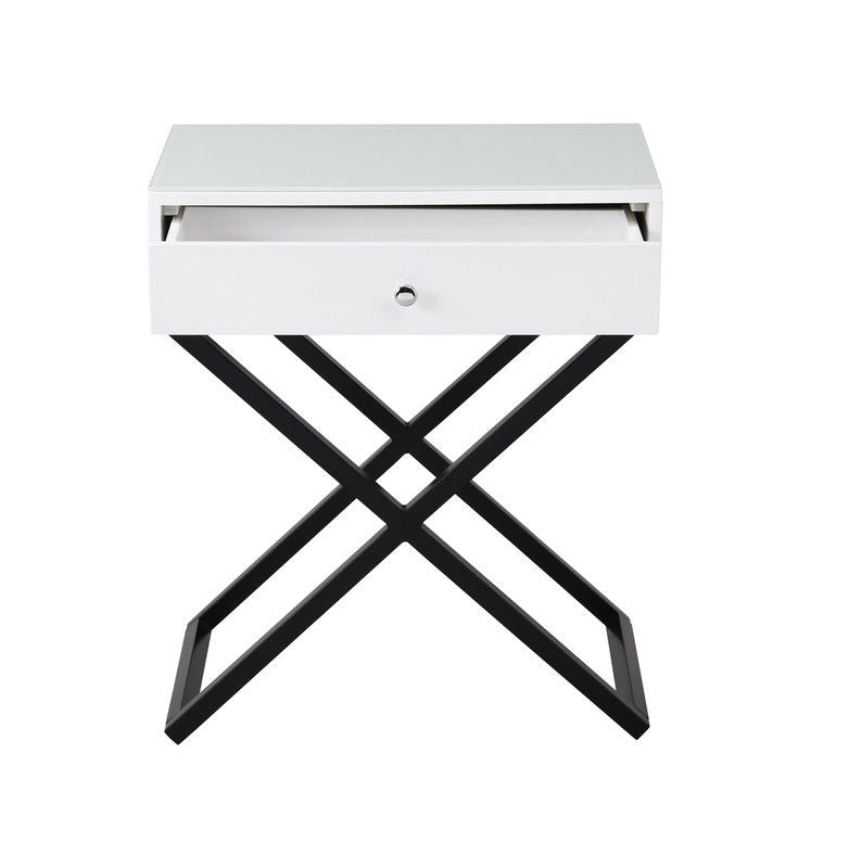 Koda 23"W White Wooden End Side Table Nightstand with Glass Top, Drawer and Metal Cross Base
