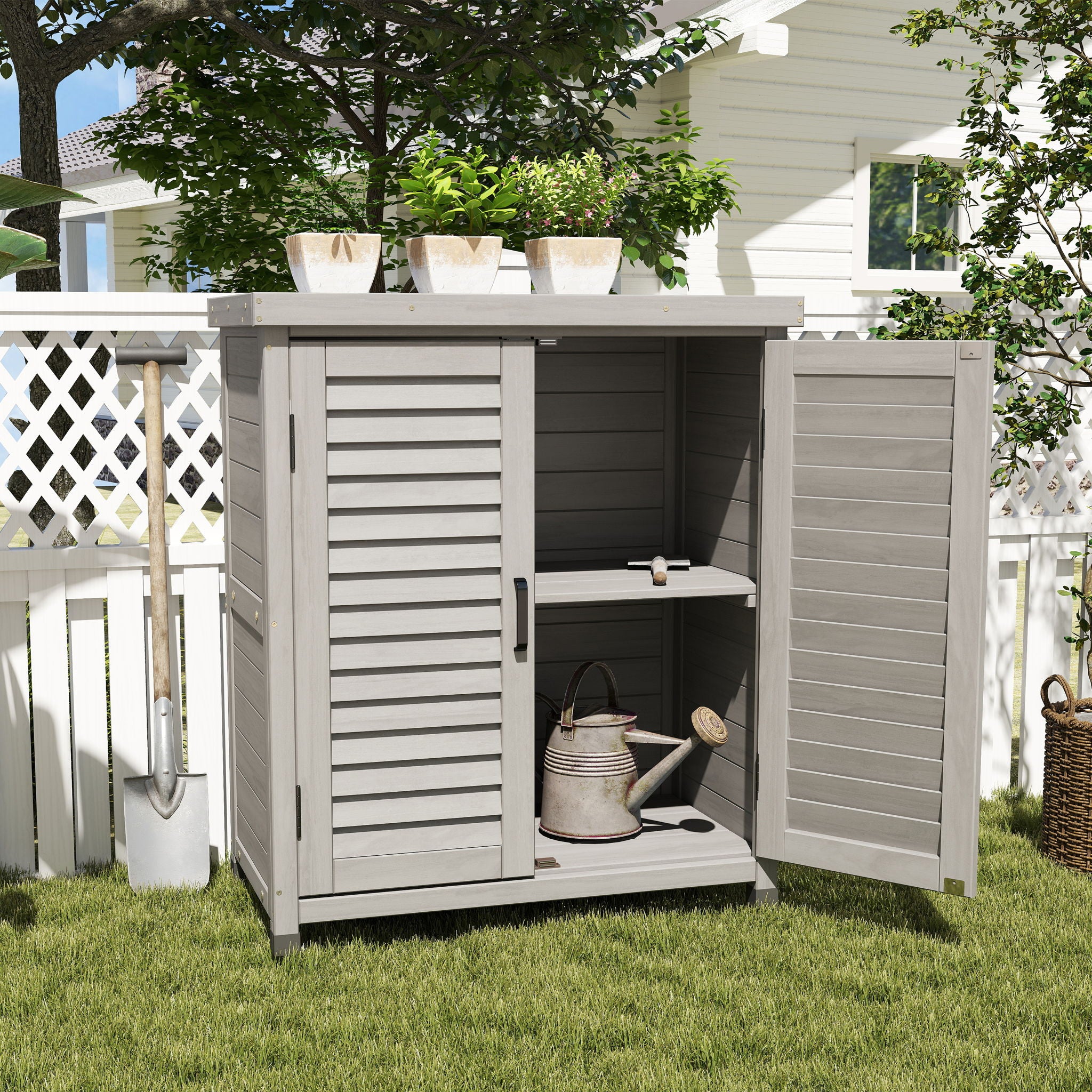 Potting Bench With Storage Cabinet And Metal Table Top For Outdoor