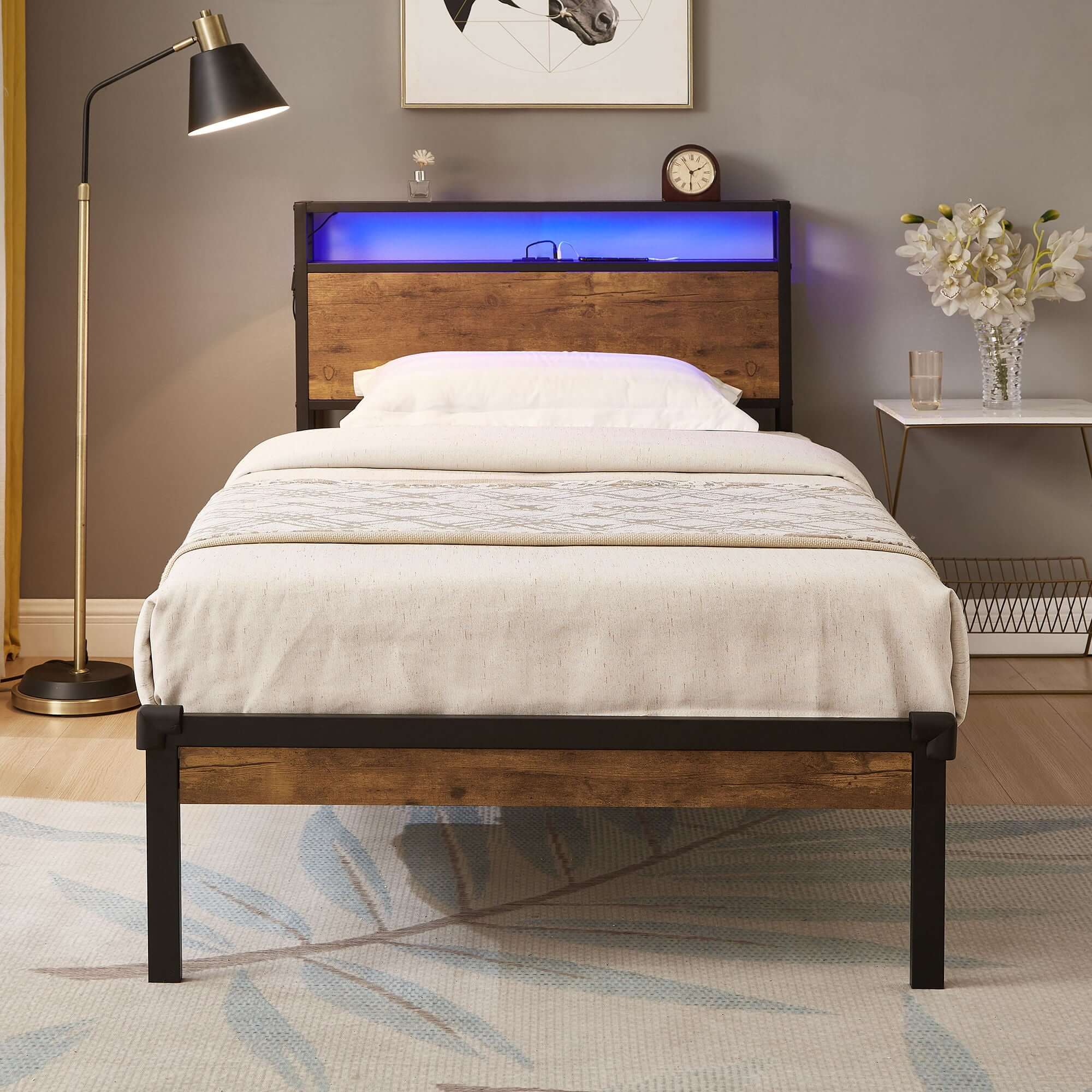 Twin Size Platform Bed Frame, LED Lights With Remote Control, USB Charging Port, Large Under Bed Storage - Black / Brown