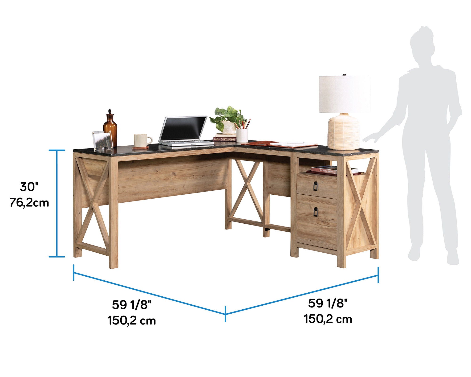 L-Shaped Desk with Drawers in Khaki Pine
