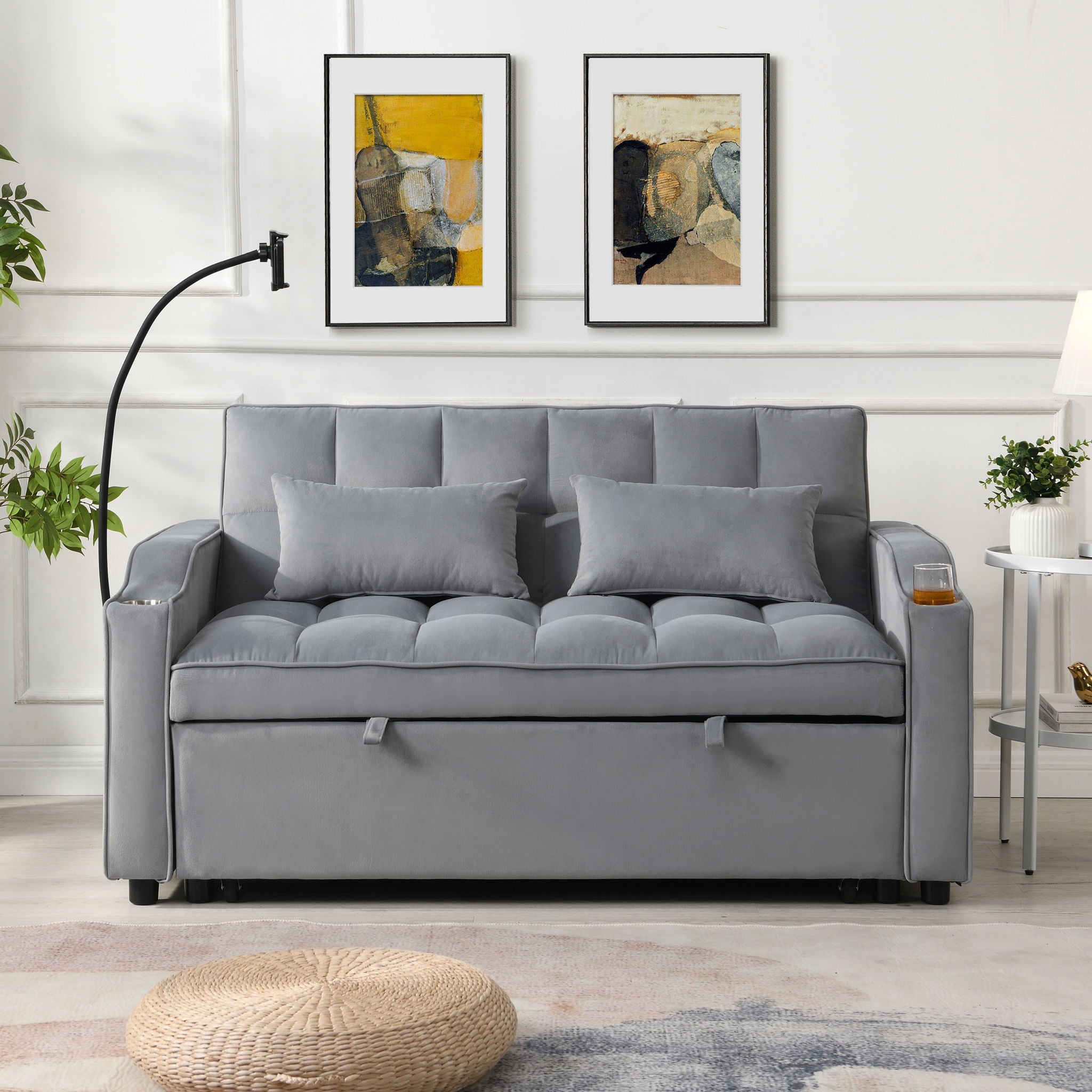 Modern Velvet Loveseat Futon Sofa With Pullout Bed, Adjustable Reclining Backrest, Toss Pillows