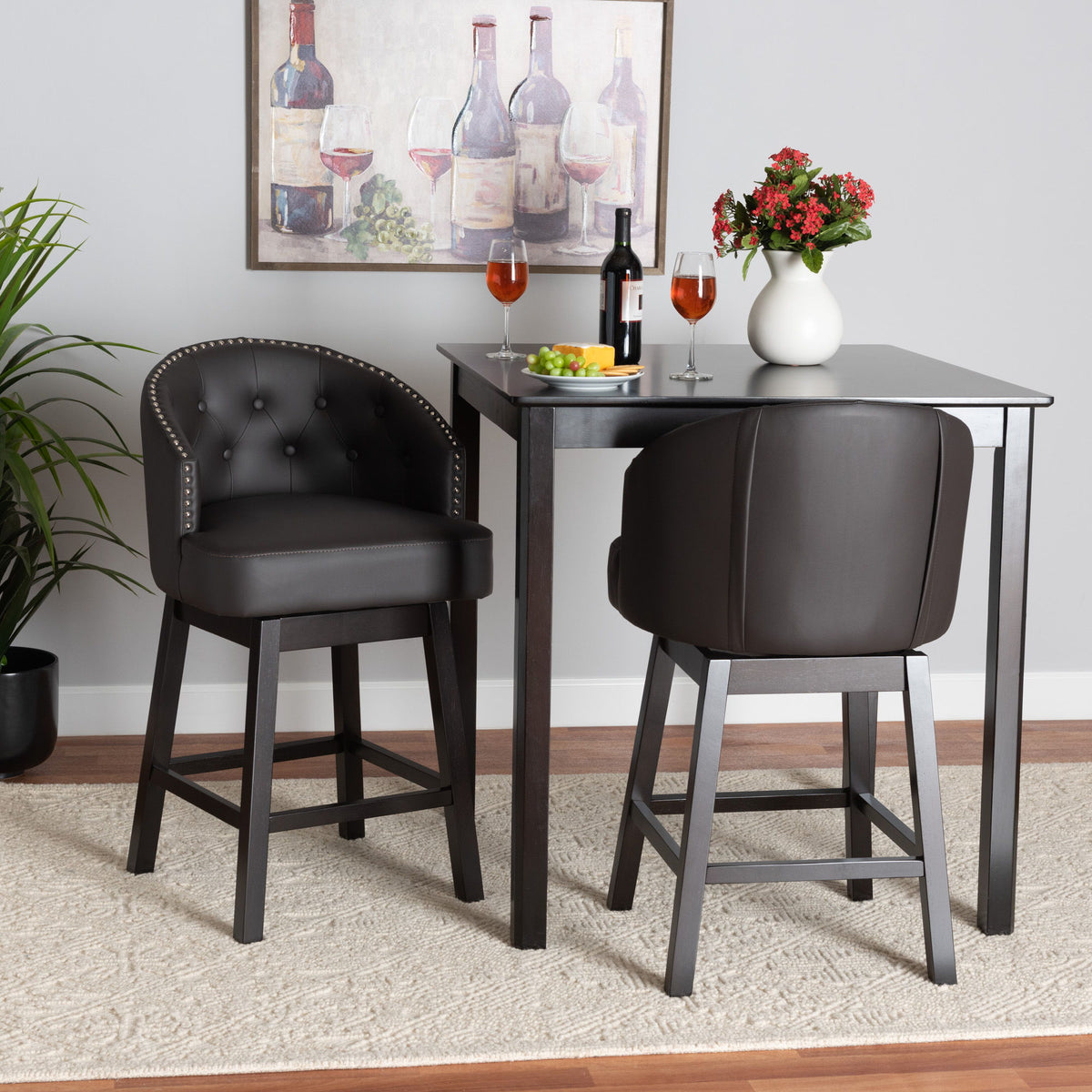 Theron Mid-Century Transitional Dark Brown Faux Leather and Espresso Brown Finished Wood 2-Piece Swivel Counter Stool Set