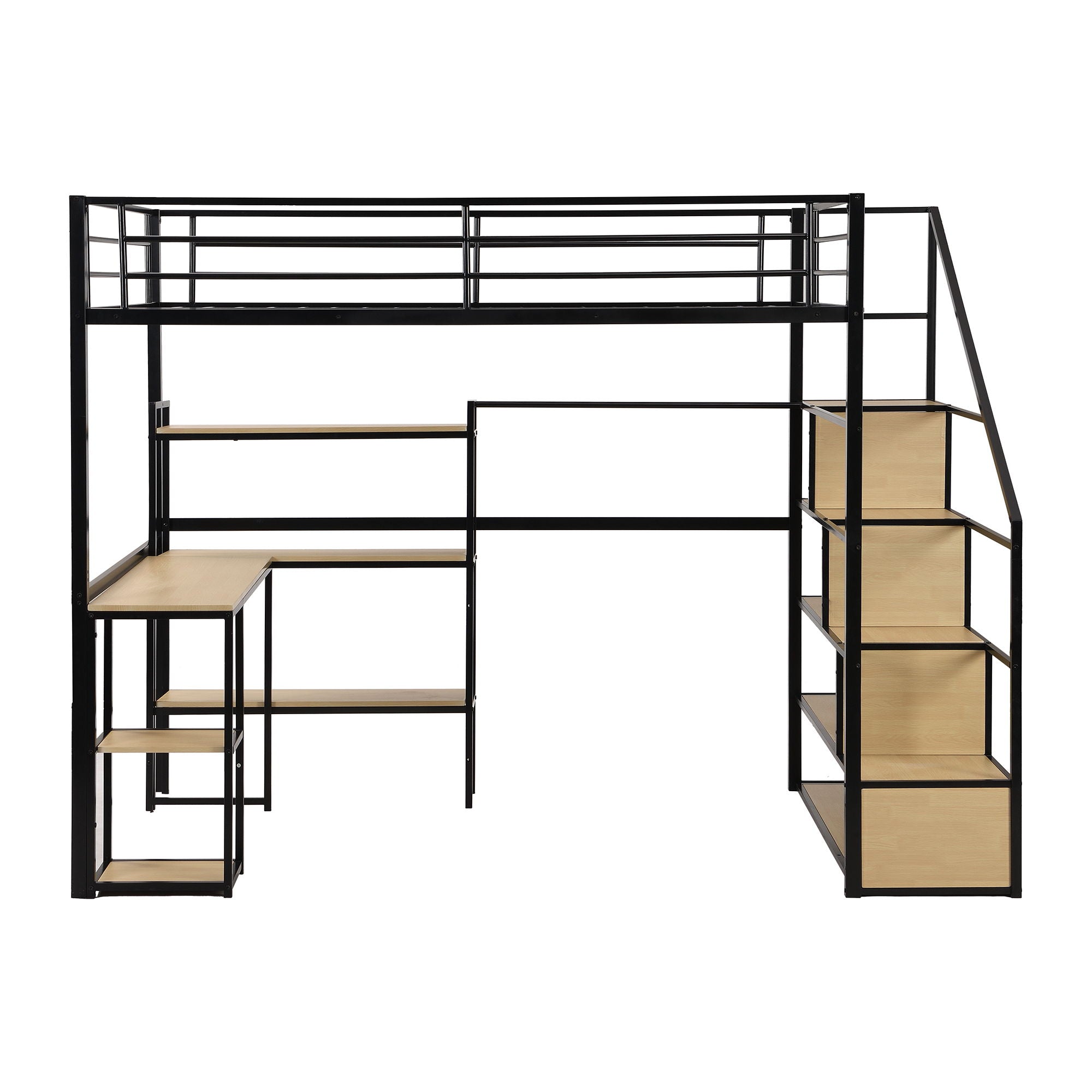 Full Size Loft Bed With Staircase, Built In Desk And Shelves And Sleeping Surface - Black