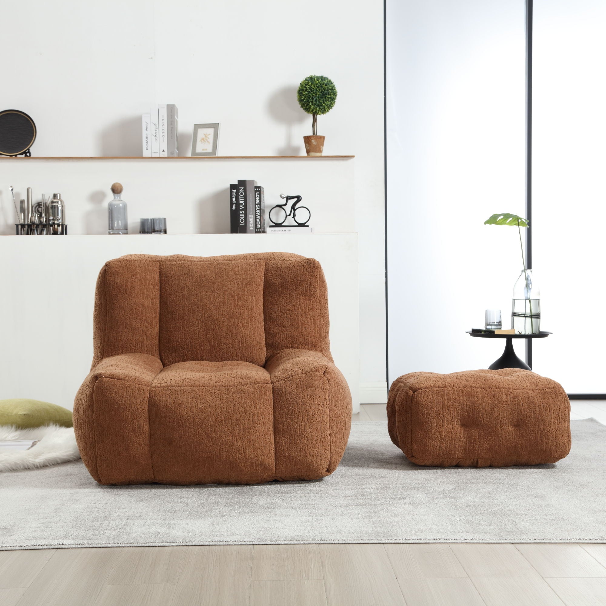 Modern Indoor Fluffy Bean Bag Chair With Memory Foam And Ottoman, Super Soft