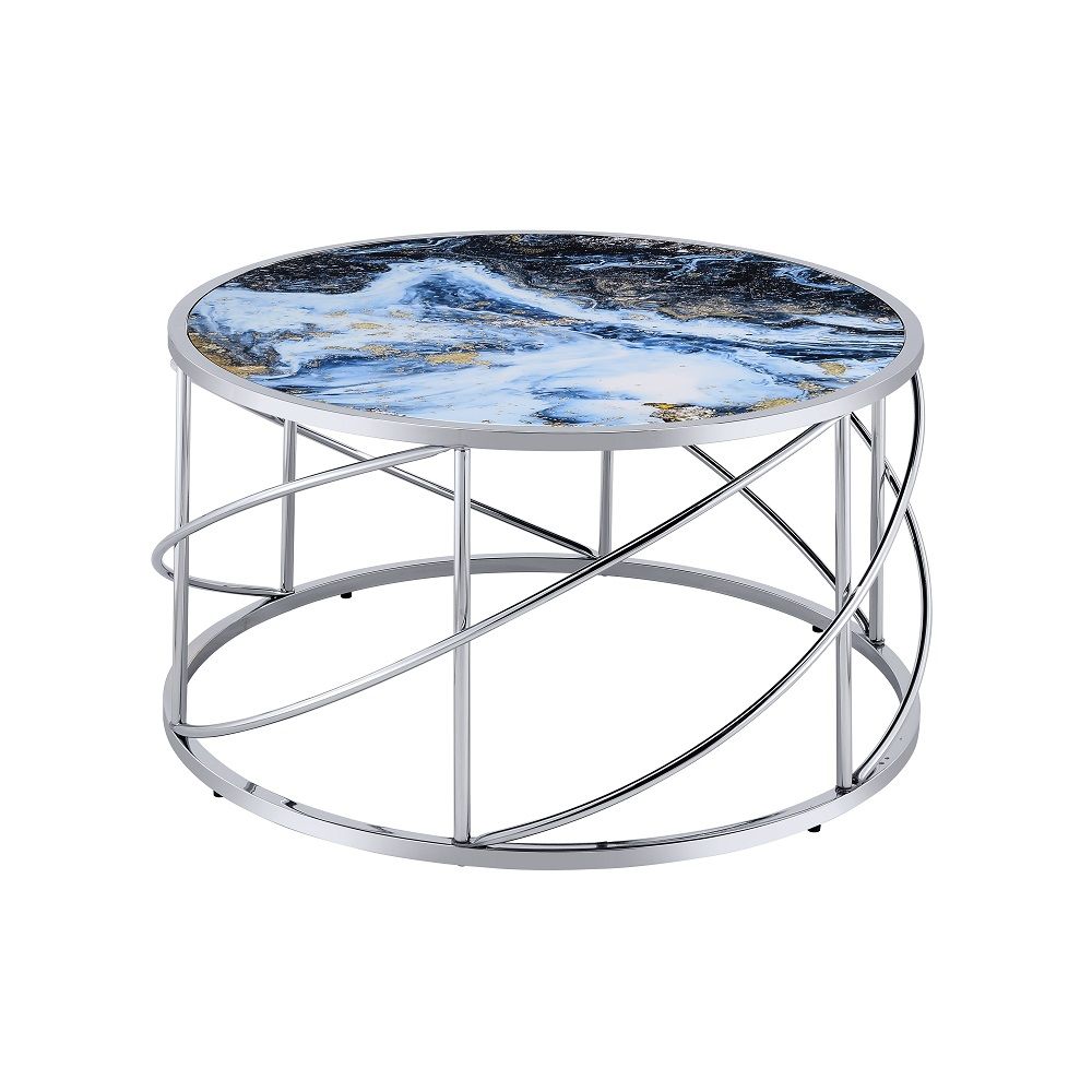 ACME Lyda - Coffee Table - Blue Marble Print & Chrome | Meri Furniture