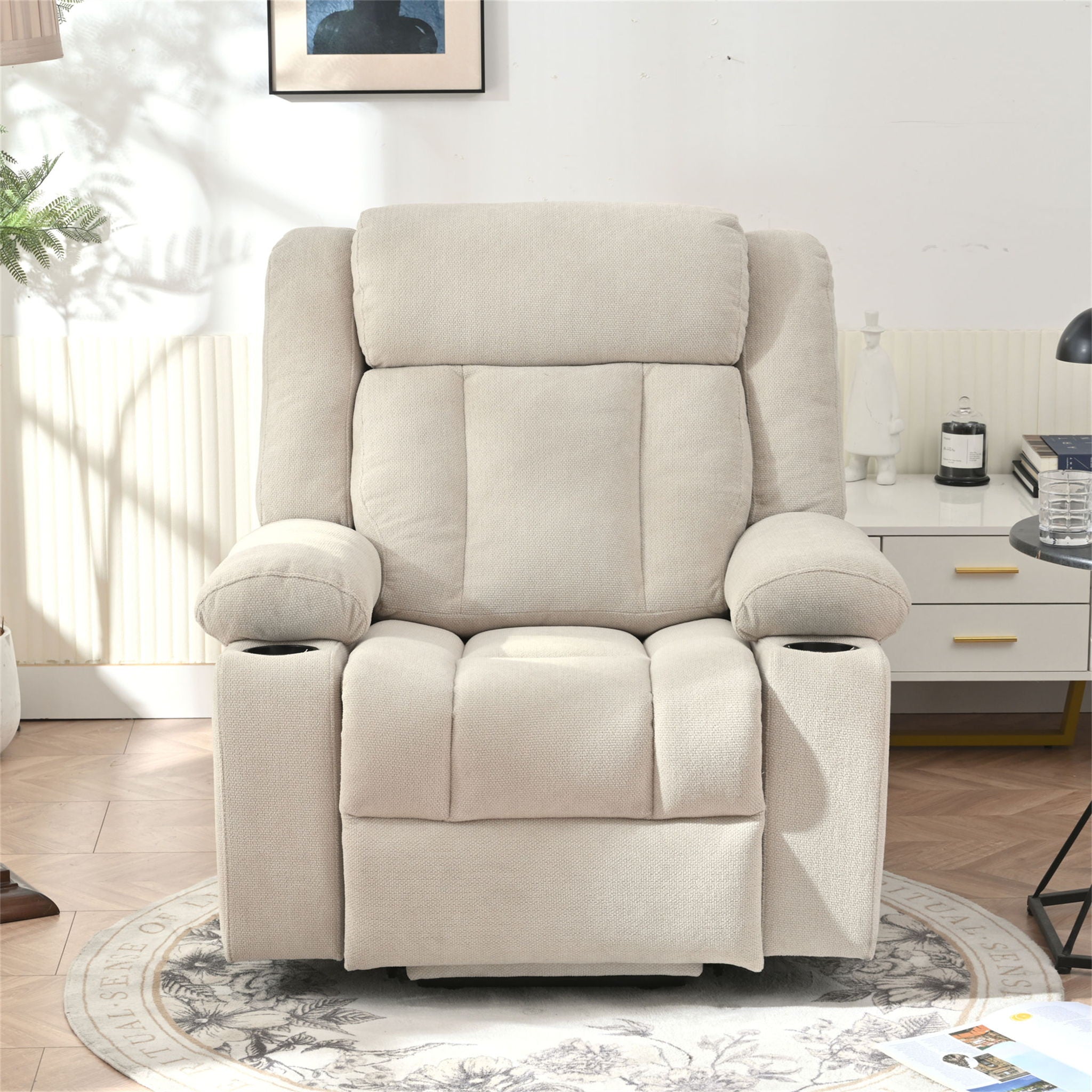 Power Lift Recliner Chair With Extended Footrest, Remote Control, Cup Holders, And Side Pockets