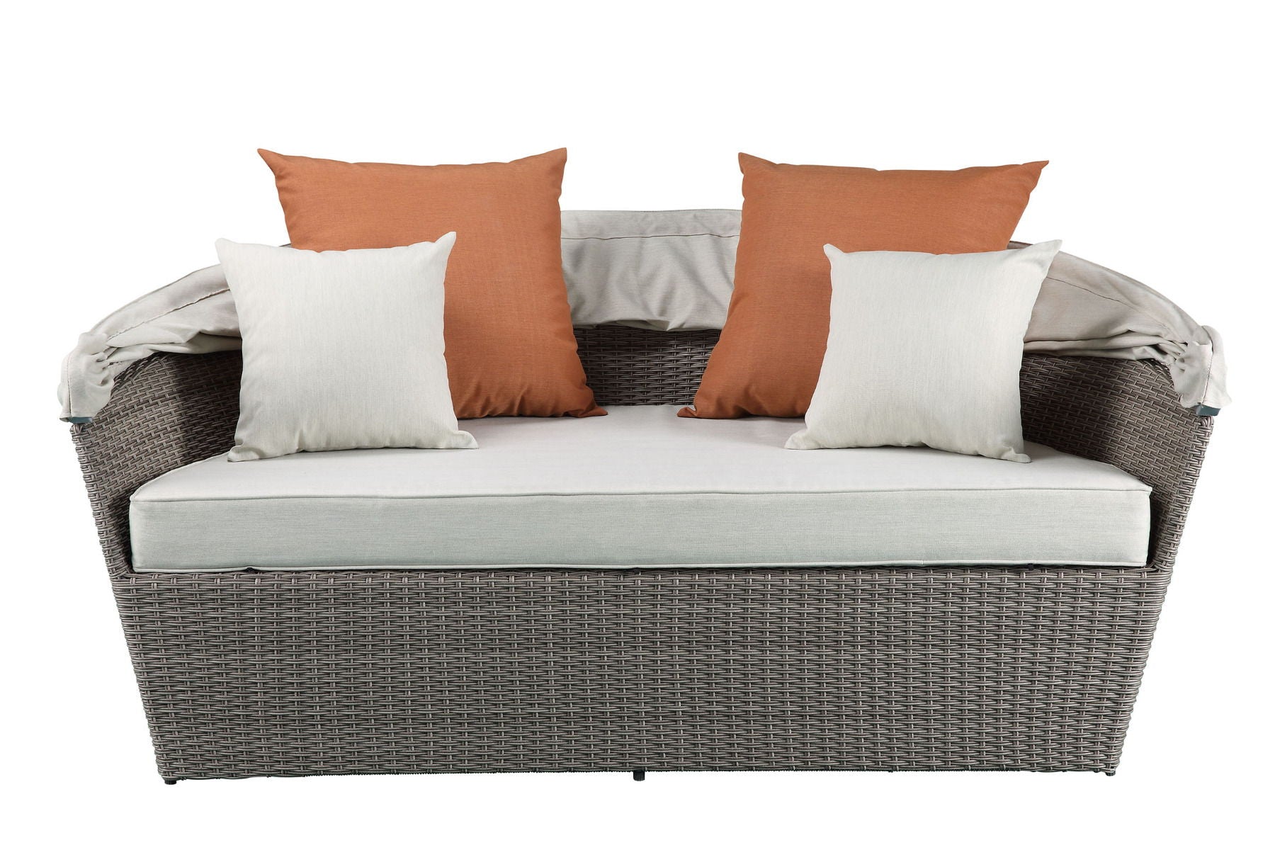 Salena - Patio Canopy Sofa With 4 Pillows & Ottoman - Beige Fabric & Gray Wicker