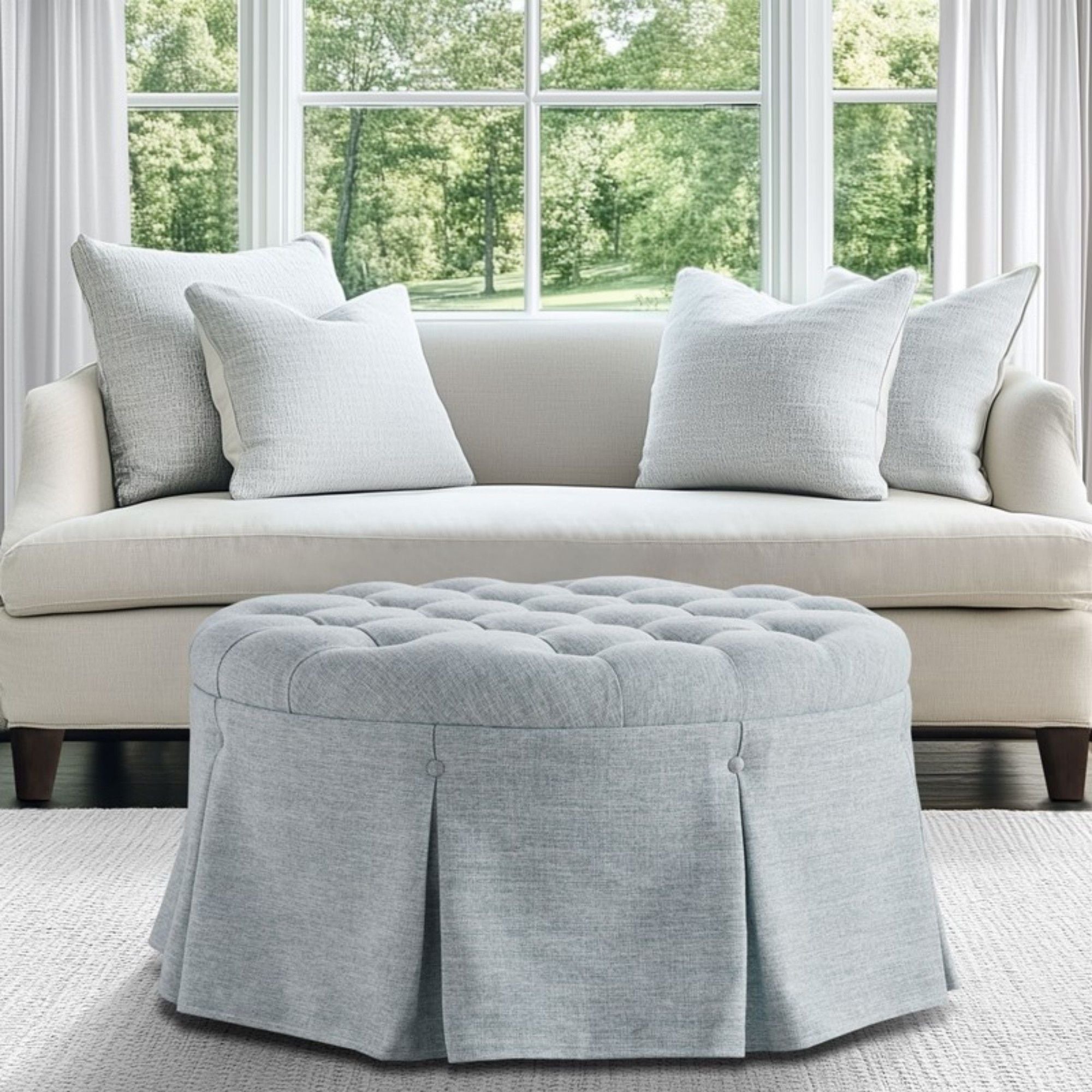 Skirted Tufted Round Ottoman With Button Top - Gray