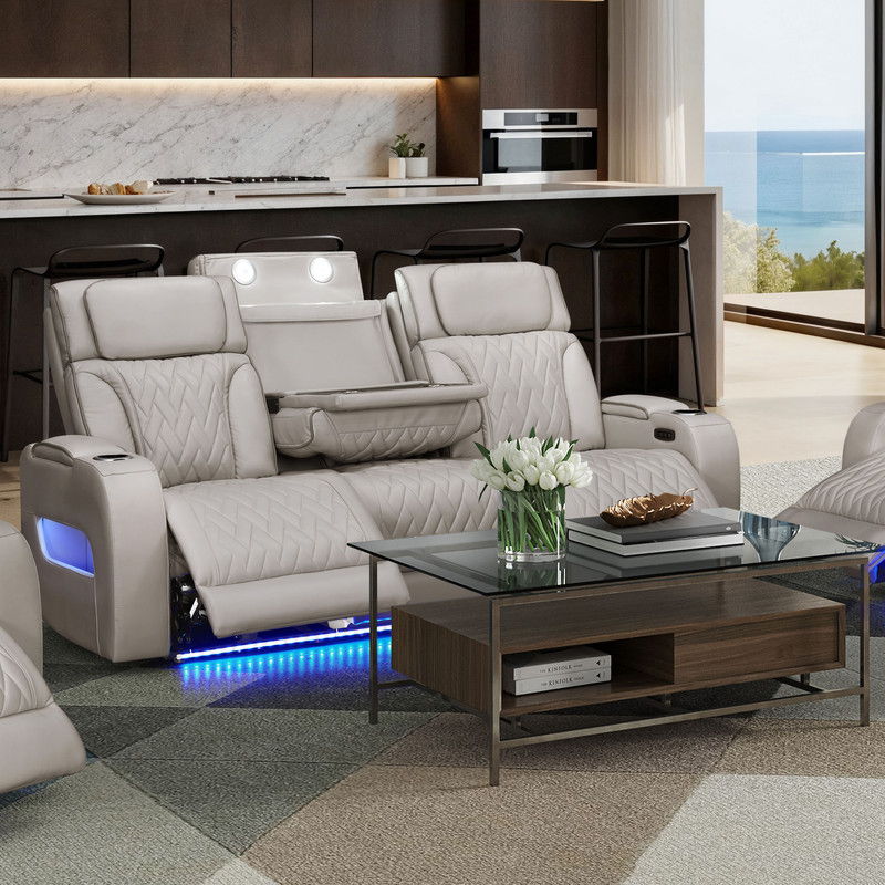 Jazz 84"W Ice Leather Aire Transformer Power Reclining Sofa with Power Headrest, LED Lights, Wireless Charging Drop-Down Table, USB & USB-C Ports, Storage & Cupholders